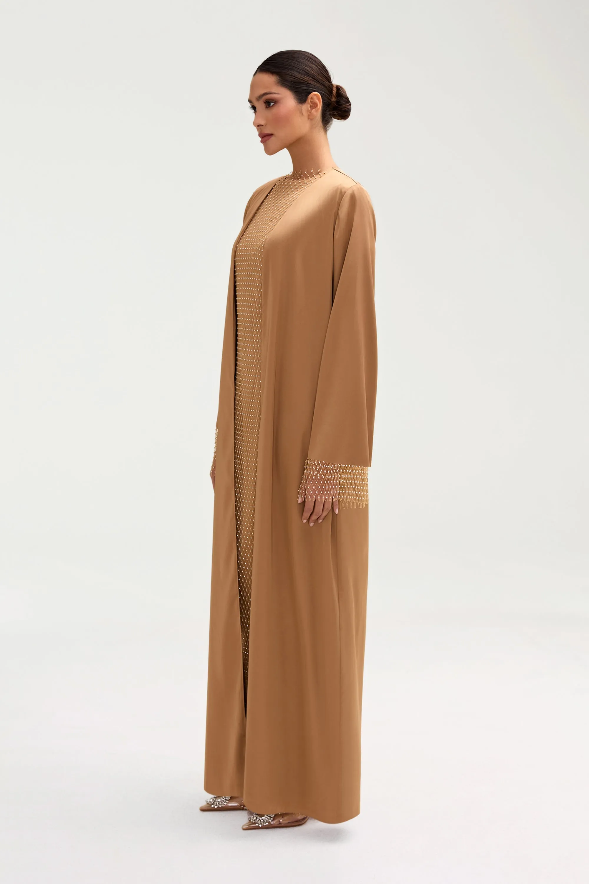 Lyana Crystal Satin Abaya - Champagne