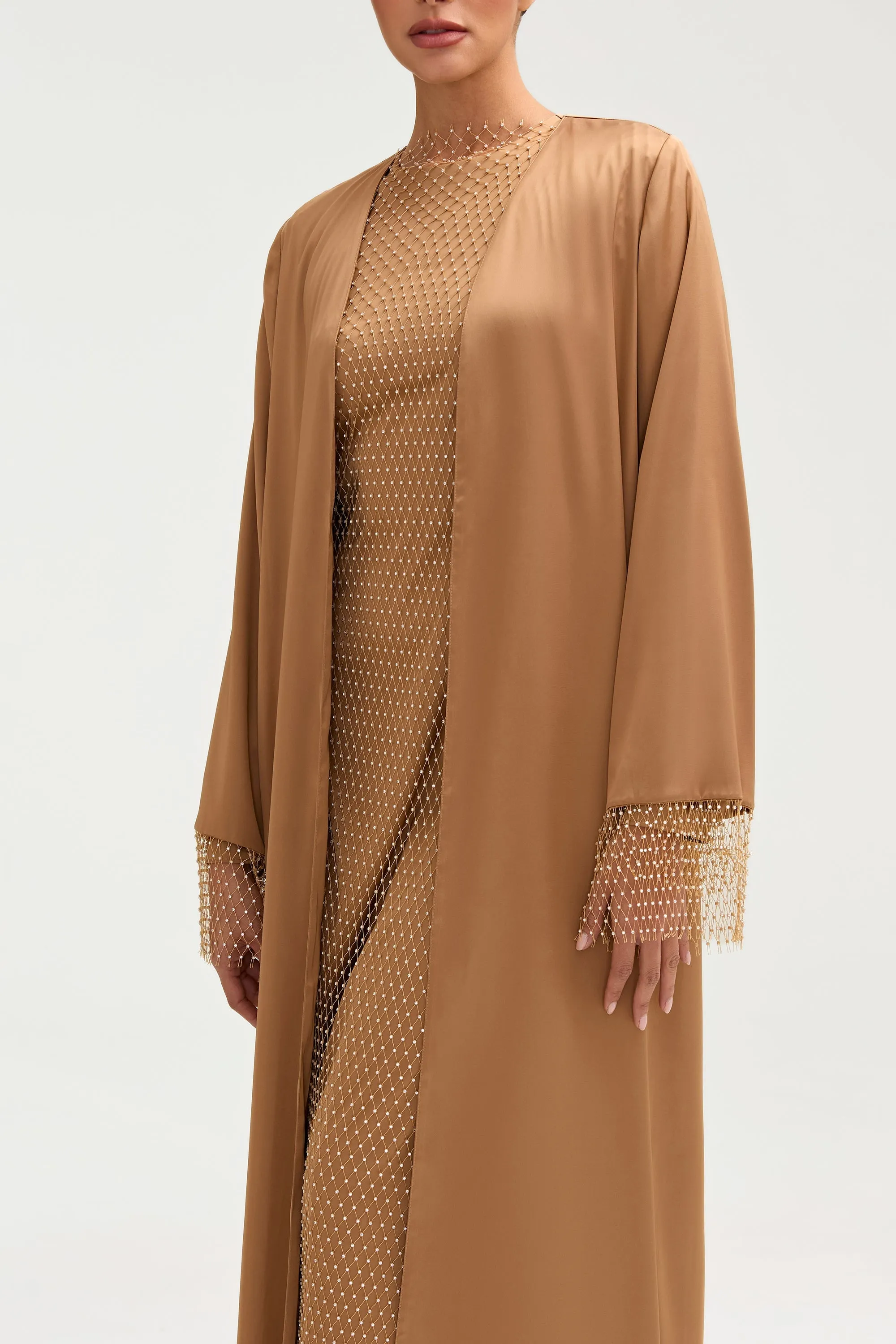 Lyana Crystal Satin Abaya - Champagne