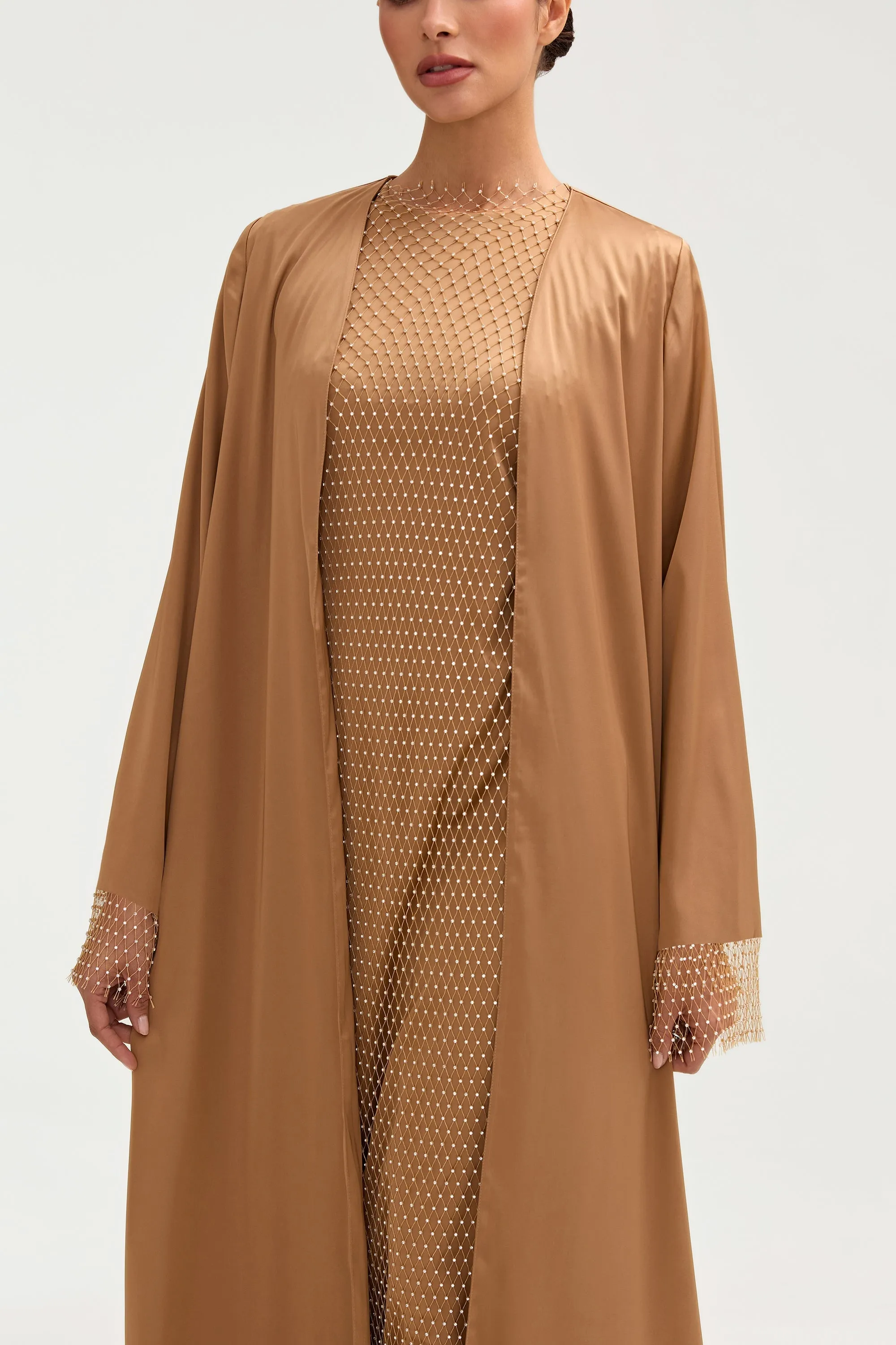 Lyana Crystal Satin Abaya - Champagne