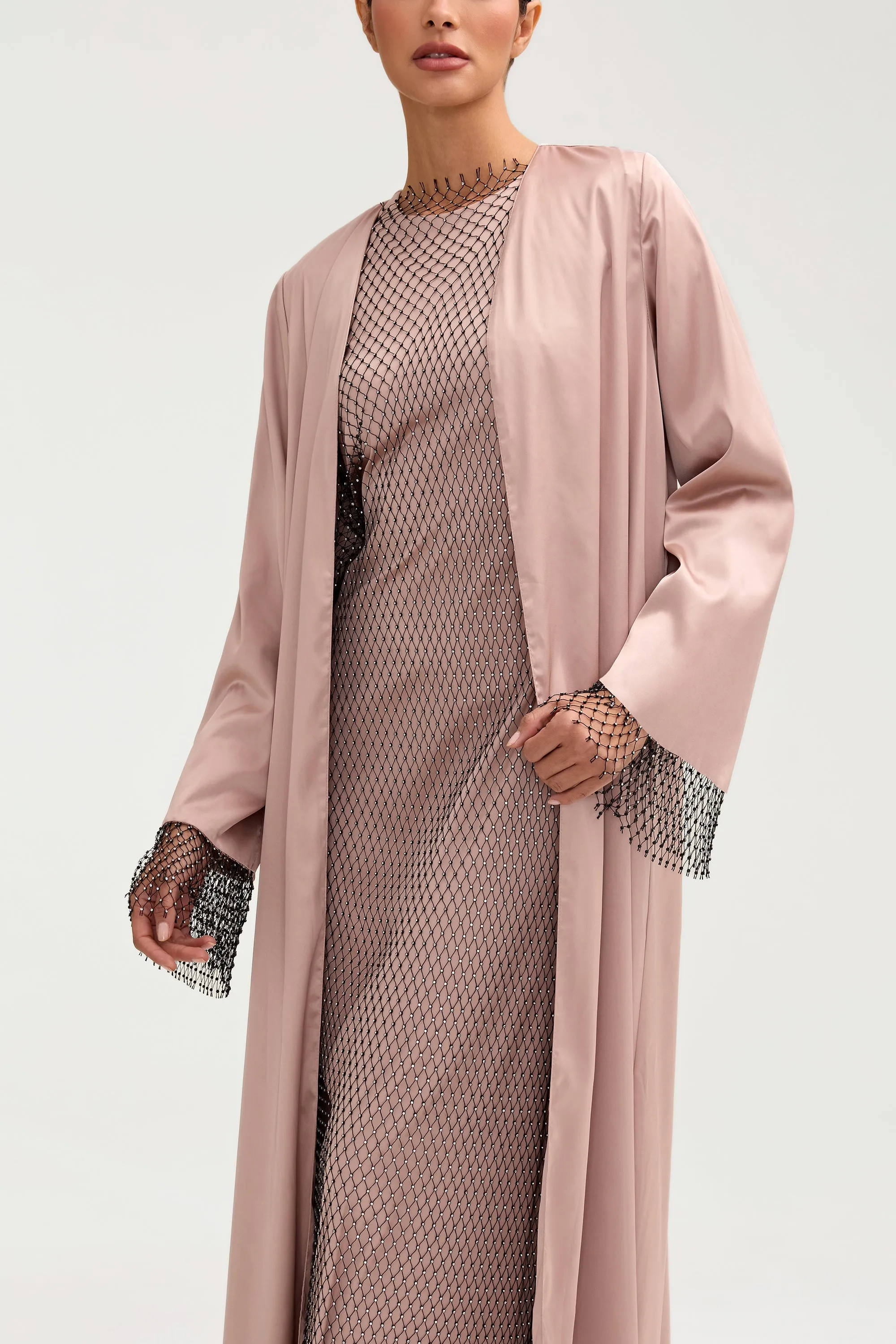 Lyana Crystal Satin Abaya - Pink Jasmine