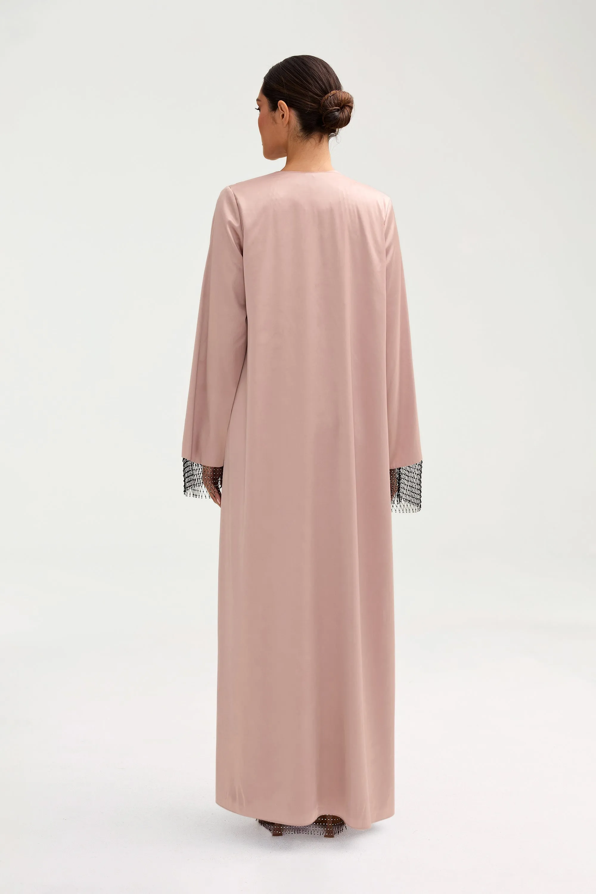 Lyana Crystal Satin Abaya - Pink Jasmine