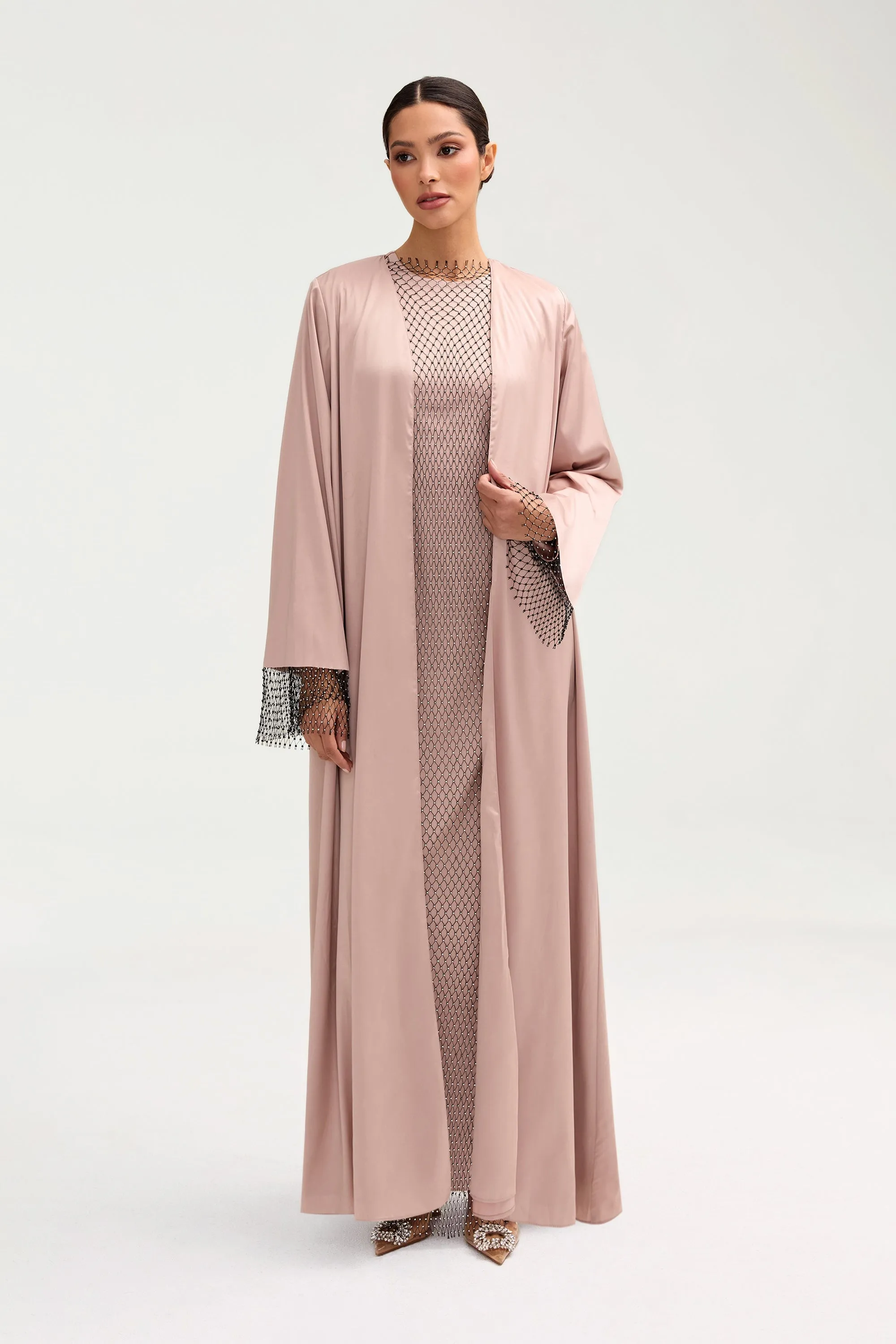 Lyana Crystal Satin Abaya - Pink Jasmine