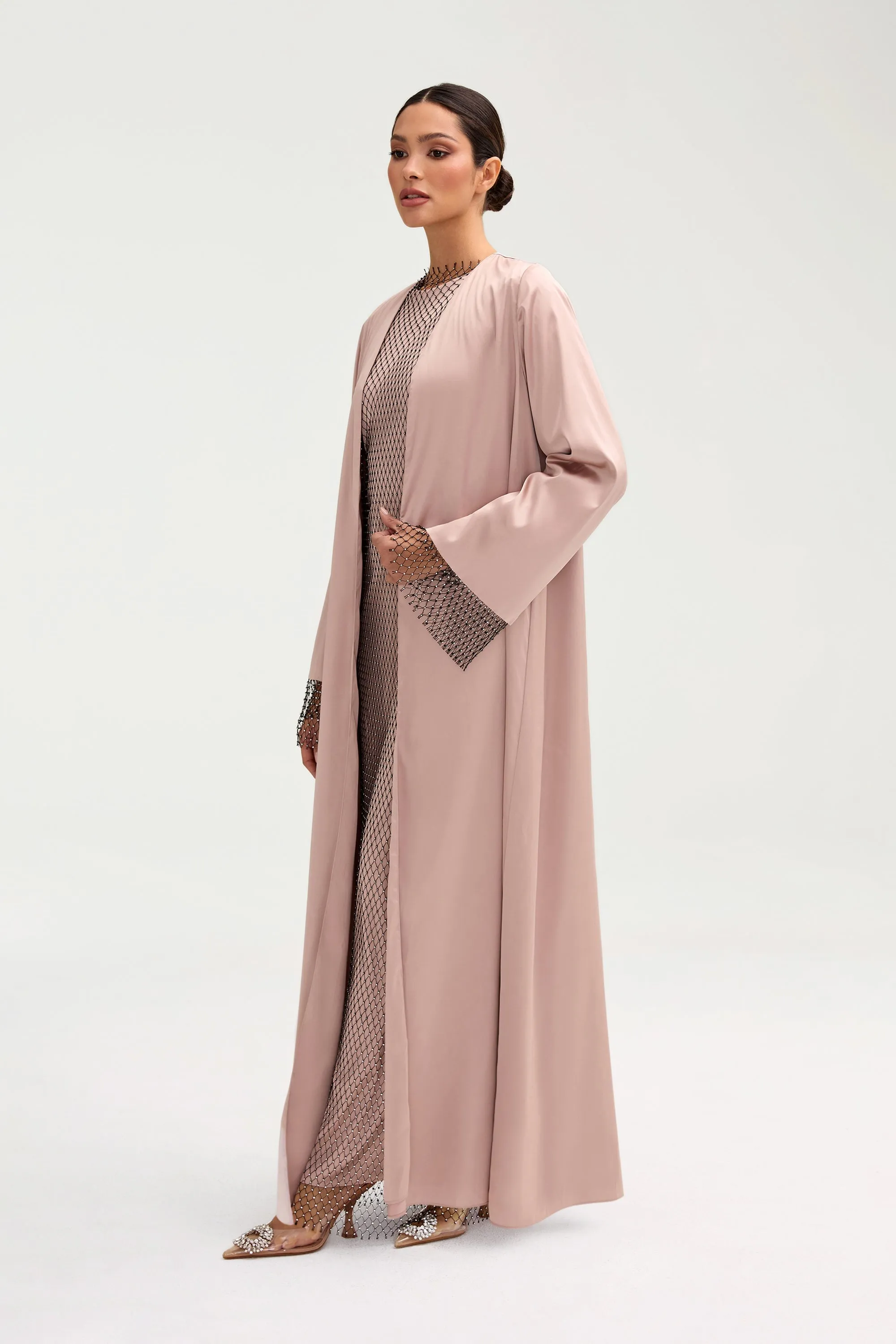 Lyana Crystal Satin Abaya - Pink Jasmine