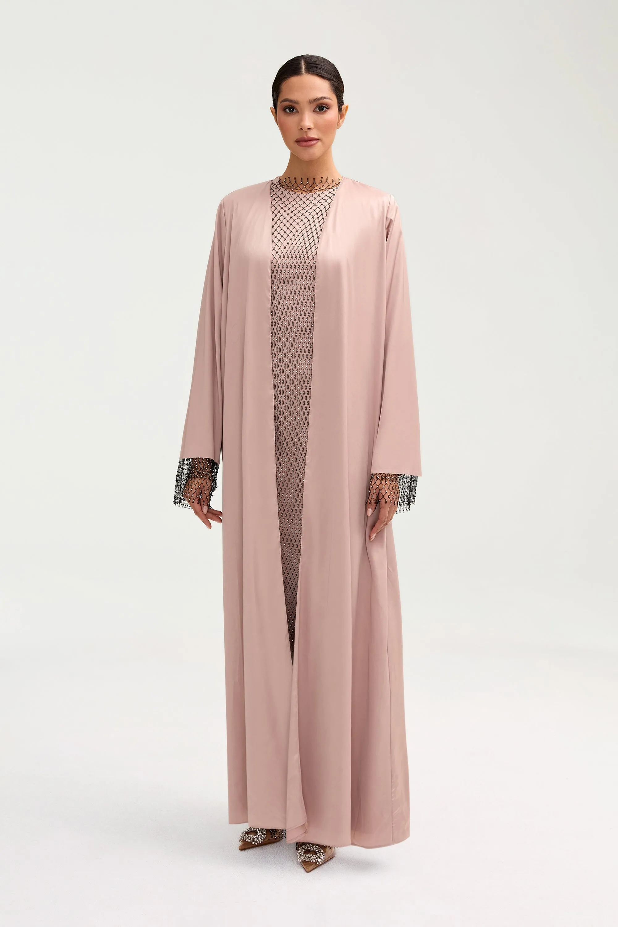 Lyana Crystal Satin Abaya - Pink Jasmine