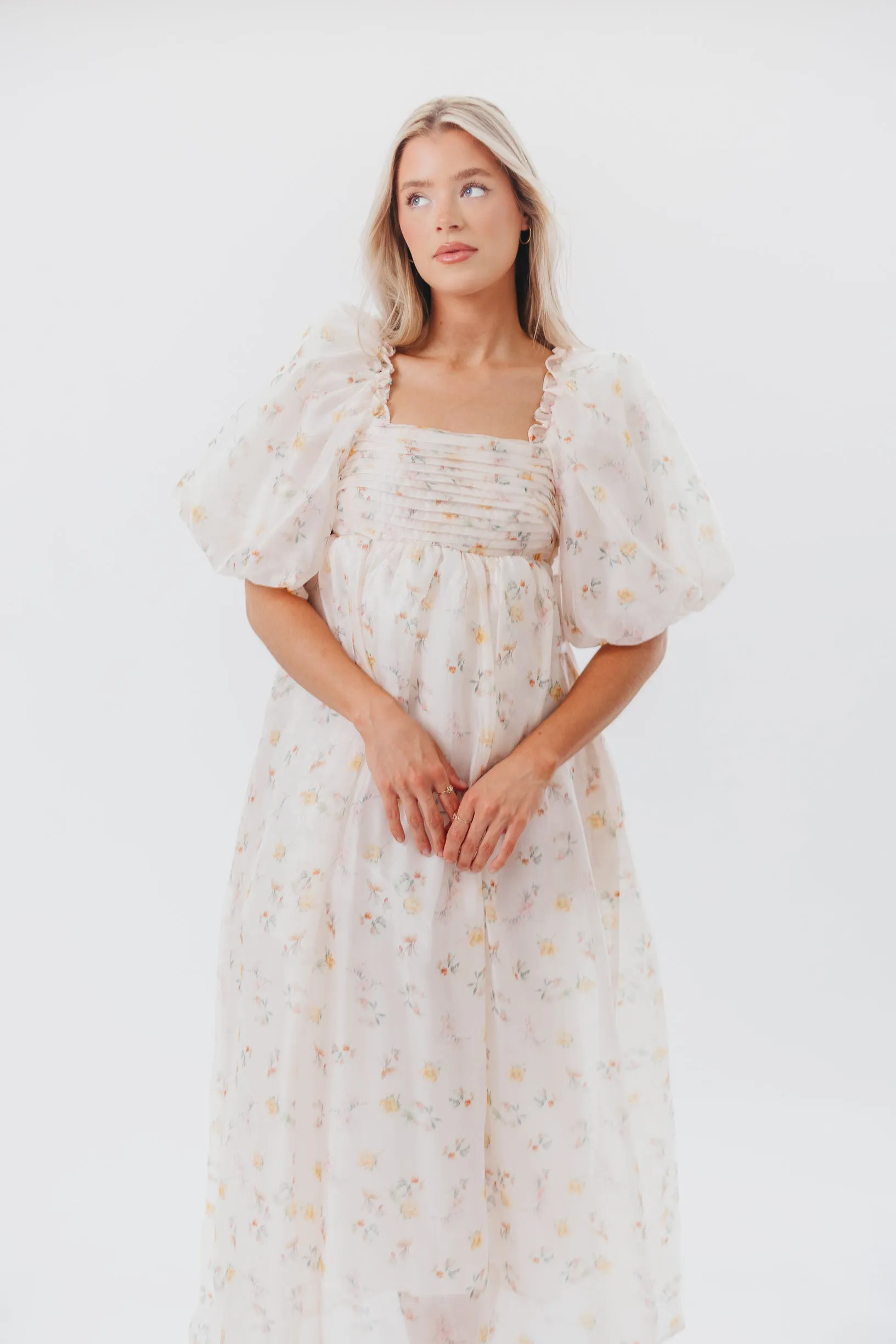 Melody Maxi Dress with Pleats and Bow Detail in Yellow Rose Floral - Bump Friendly & Inclusive Sizing (S-3XL)