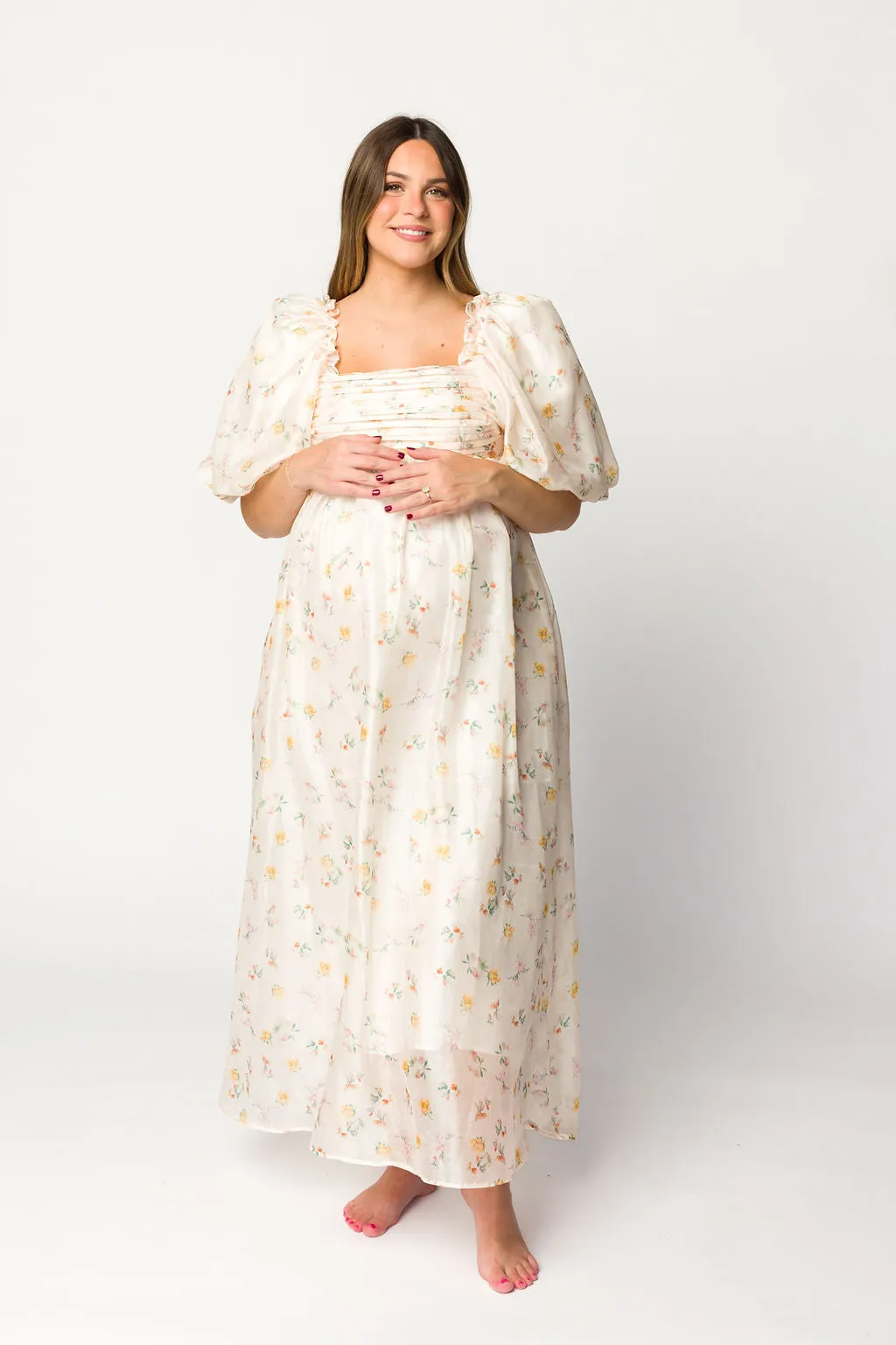 Melody Maxi Dress with Pleats and Bow Detail in Yellow Rose Floral - Bump Friendly & Inclusive Sizing (S-3XL)