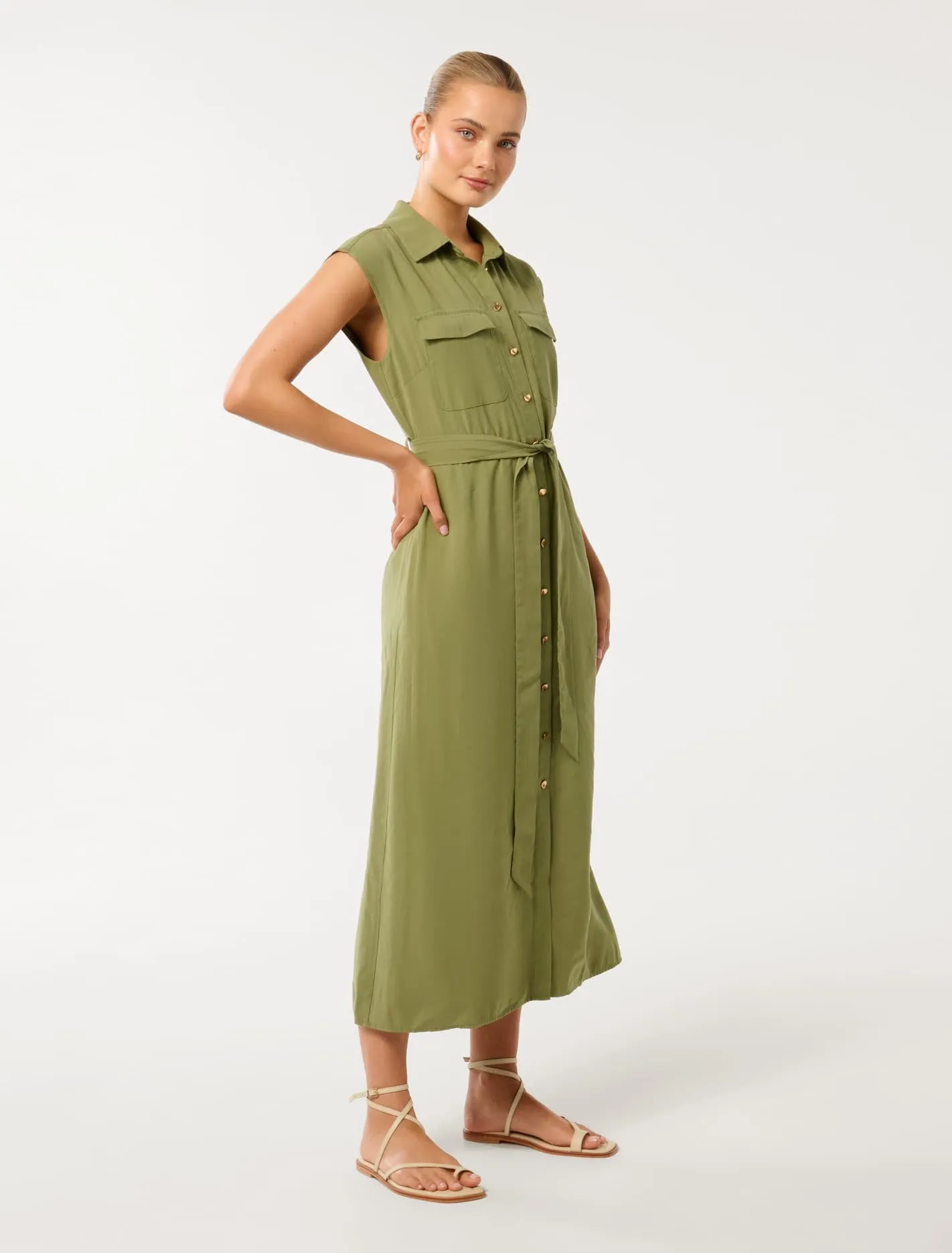 Mikayla Tie Belt Button Up Midi Dress