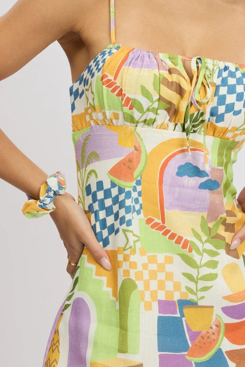 Multi Abstract Mini Dress Ruched Bust