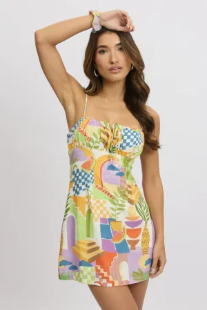 Multi Abstract Mini Dress Ruched Bust