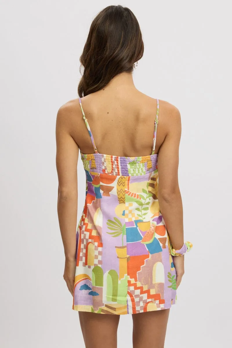 Multi Abstract Mini Dress Ruched Bust