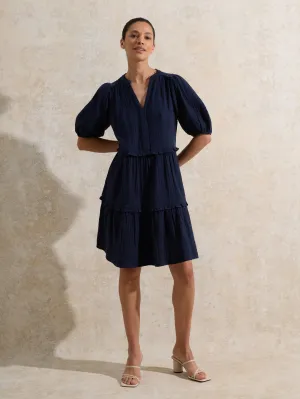 Navy Frill-Detail Cheesecloth Mini Dress