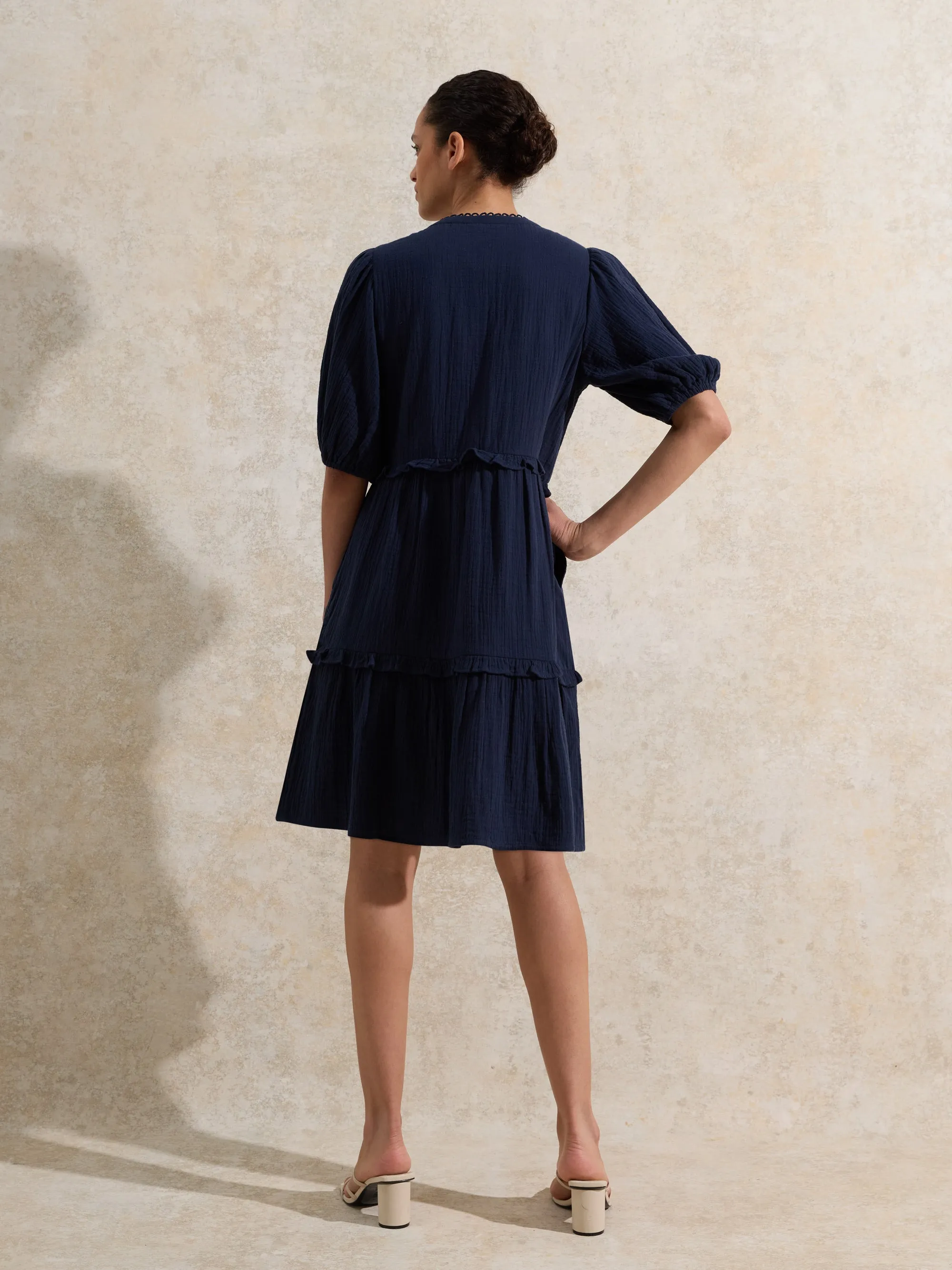 Navy Frill-Detail Cheesecloth Mini Dress