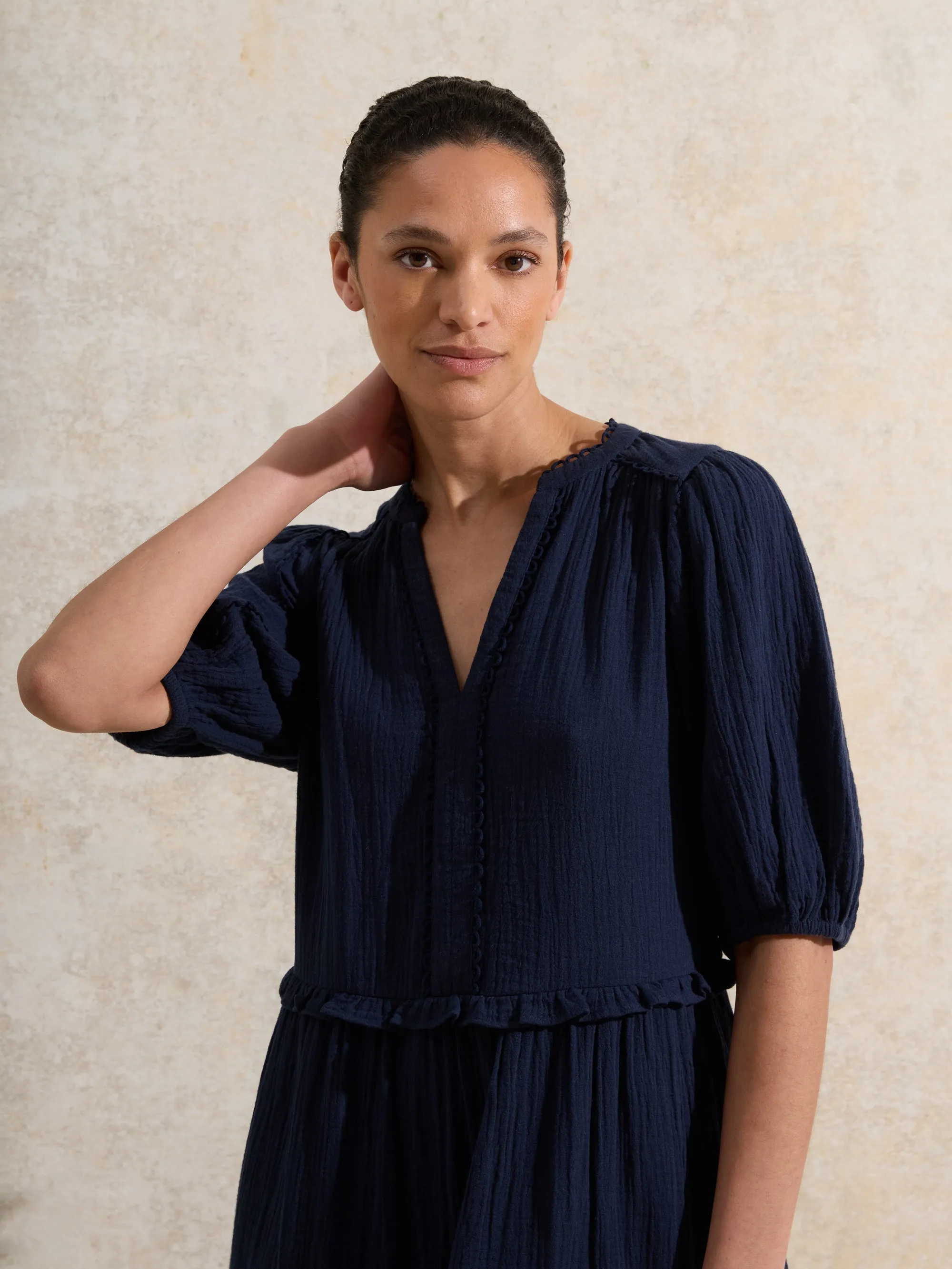 Navy Frill-Detail Cheesecloth Mini Dress
