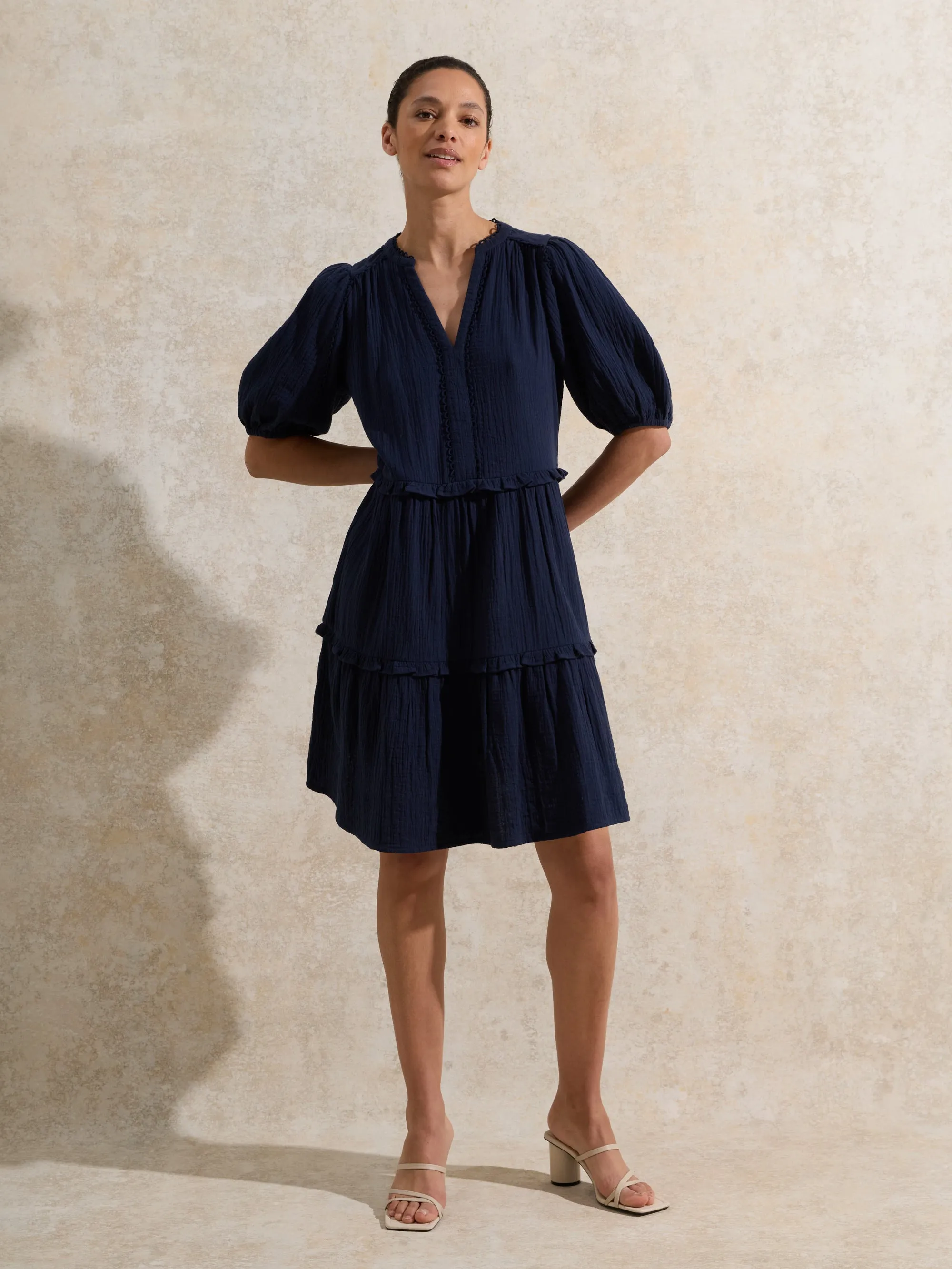 Navy Frill-Detail Cheesecloth Mini Dress