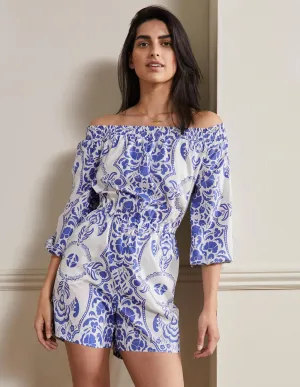 Off Shoulder Playsuit-Bluebell. Passion Bloom