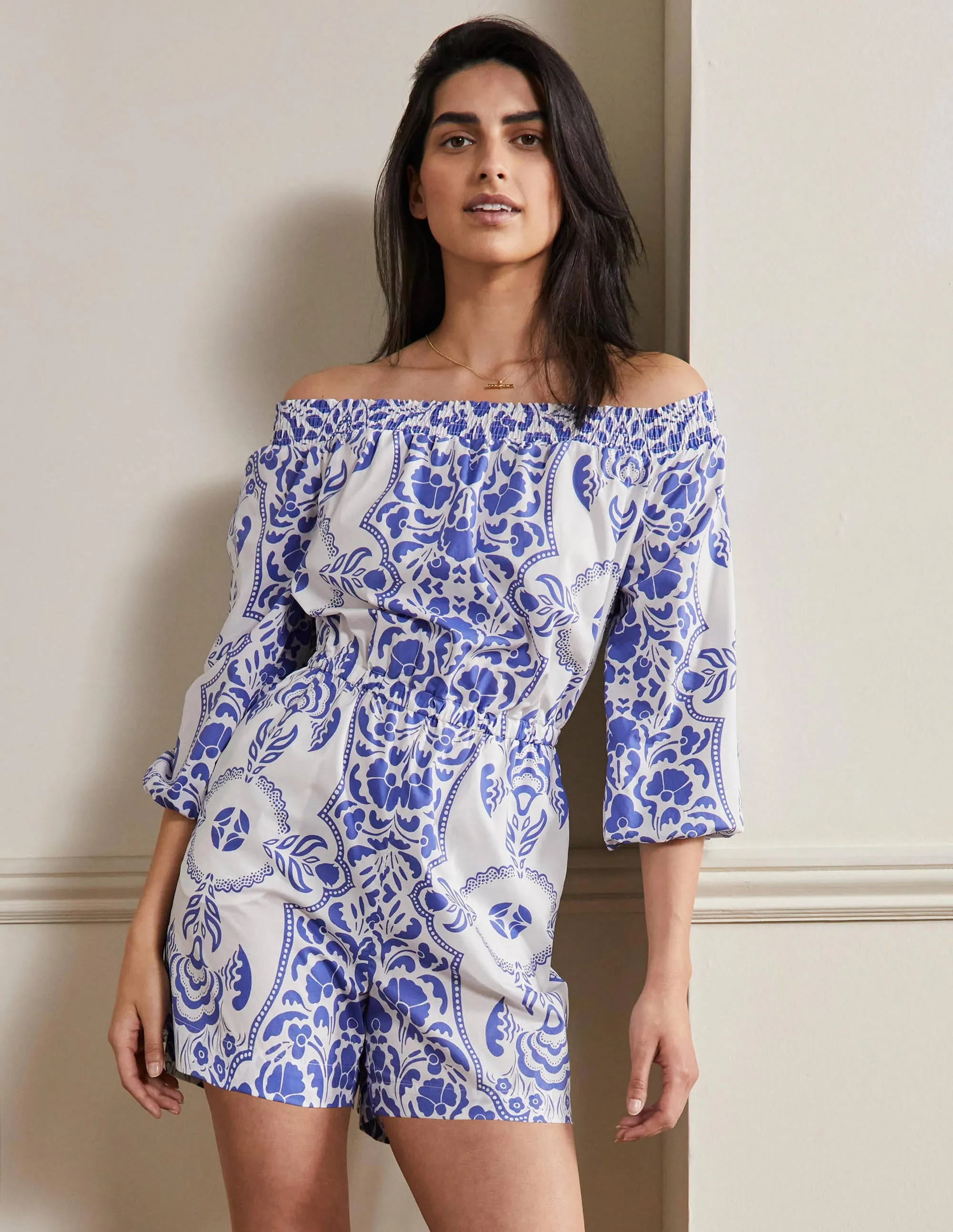 Off Shoulder Playsuit-Bluebell. Passion Bloom