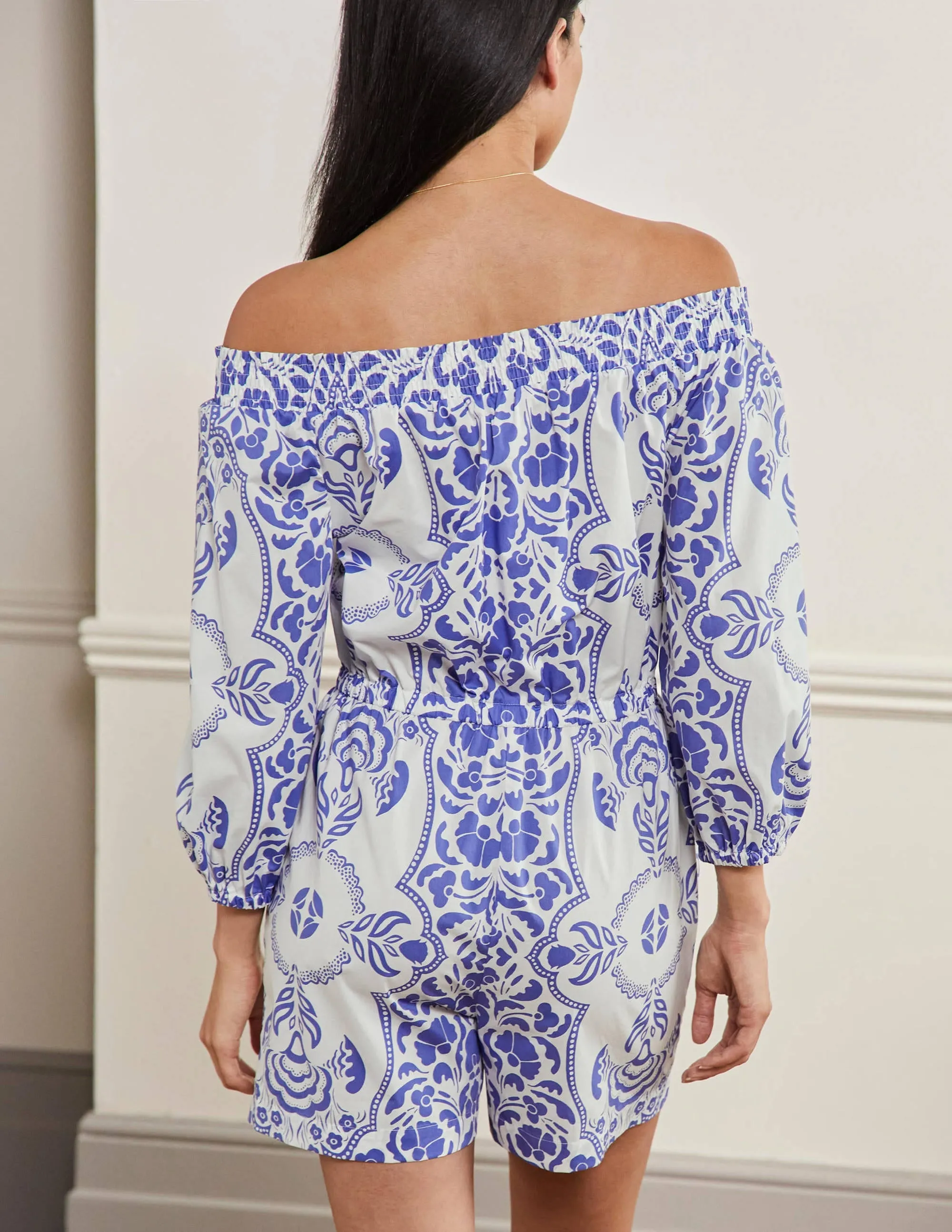 Off Shoulder Playsuit-Bluebell. Passion Bloom