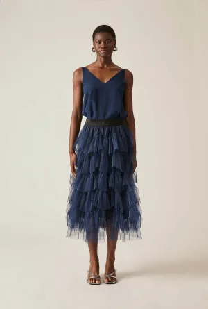 Organza Ruffle Navy Skirt