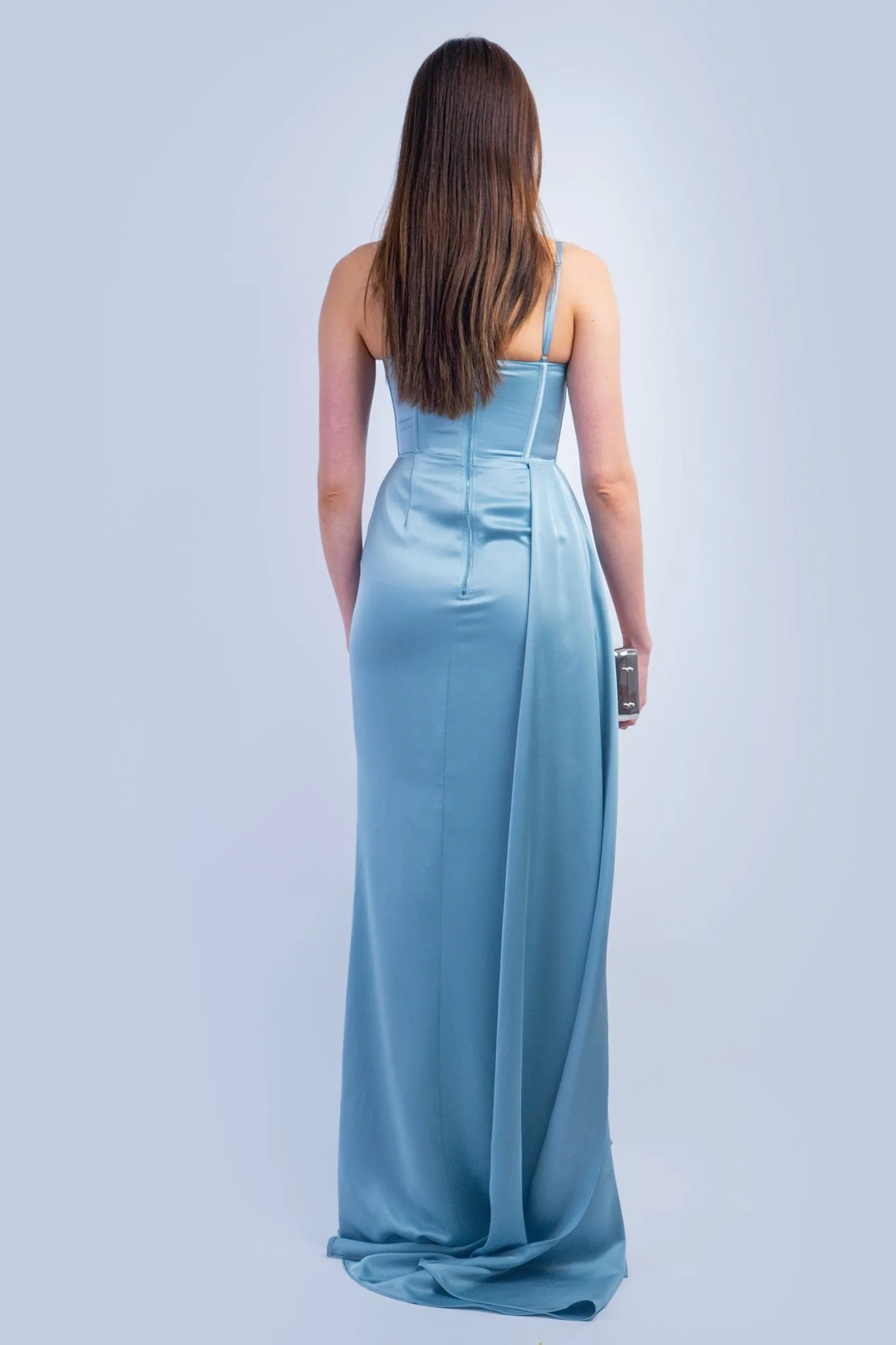 Pale Blue Satin Corset High Slit Gown