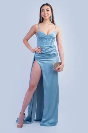 Pale Blue Satin Corset High Slit Gown