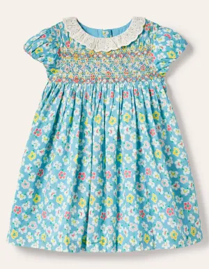 Puff Sleeved Collared Dress-Aqua Blue Clematis