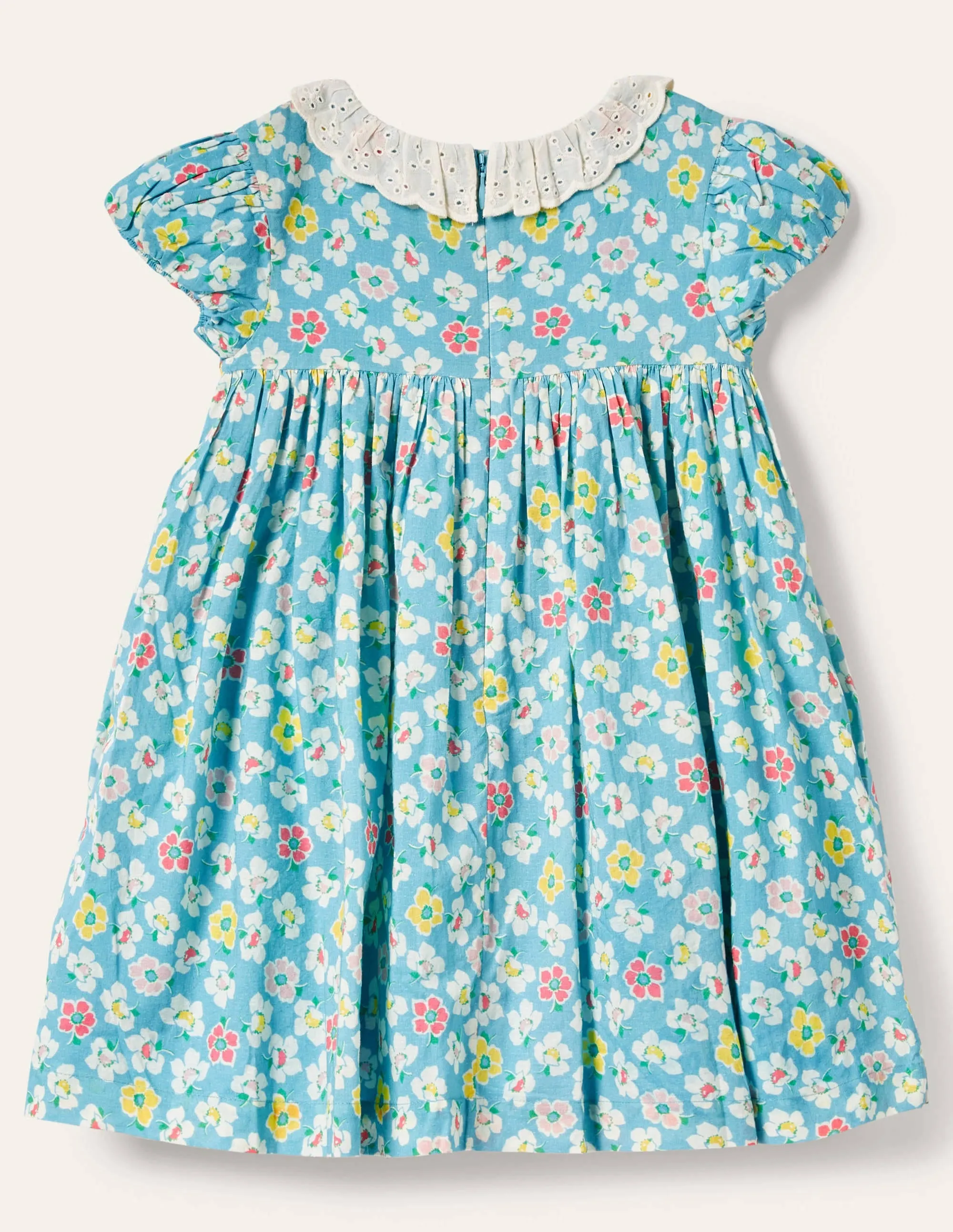 Puff Sleeved Collared Dress-Aqua Blue Clematis
