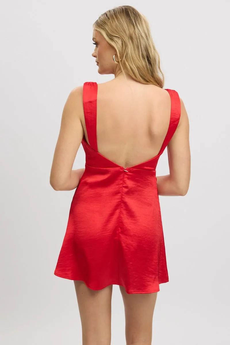 Red Mini Dress Cowl Neck Satin