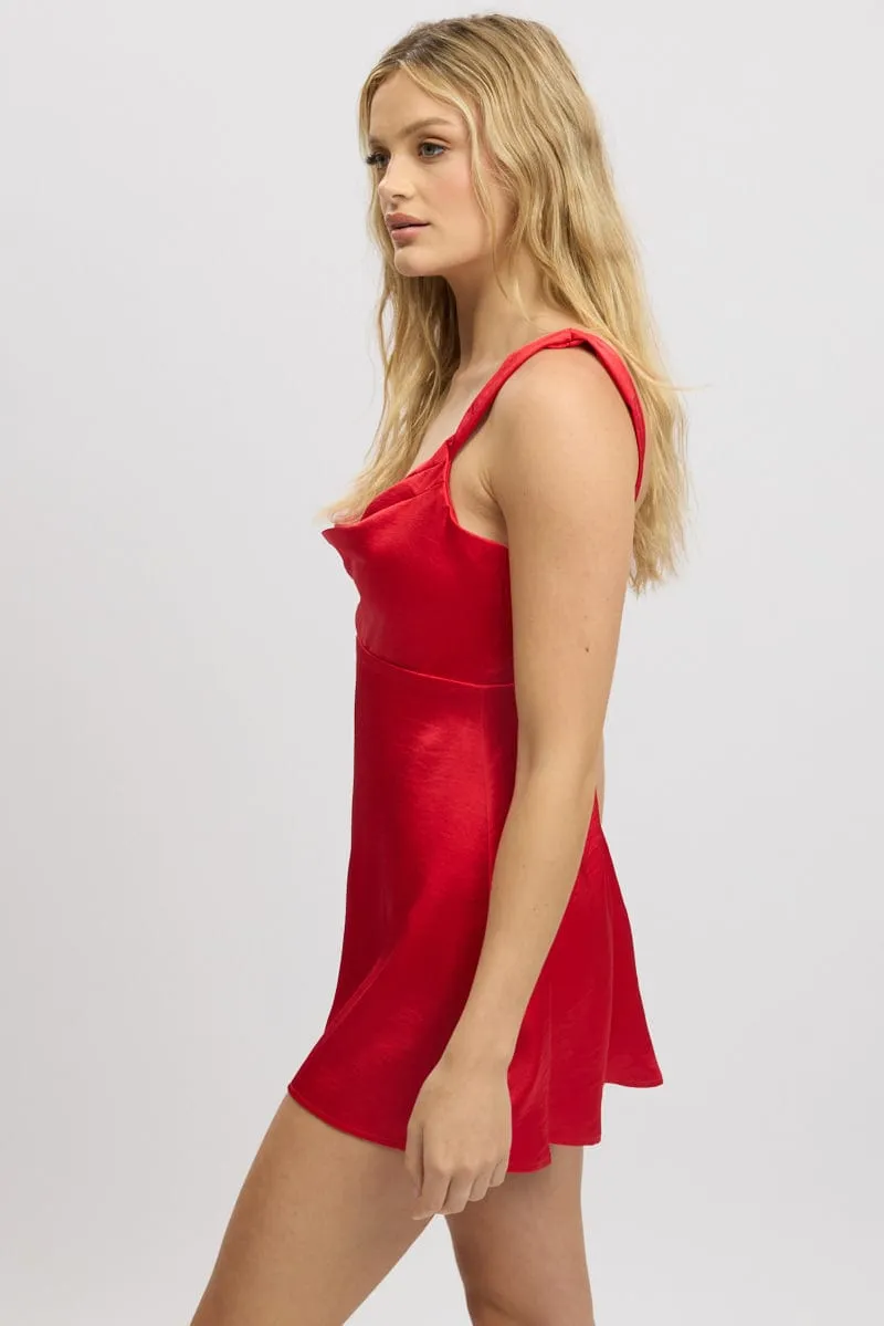 Red Mini Dress Cowl Neck Satin