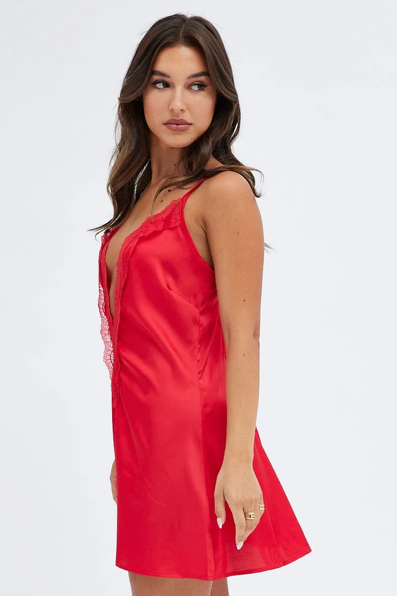 Red Plunging Nightie Strappy Lace Trim Satin Slip