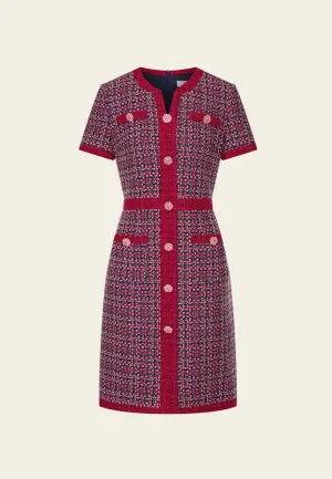 Red Tweed Embellished Button Dress