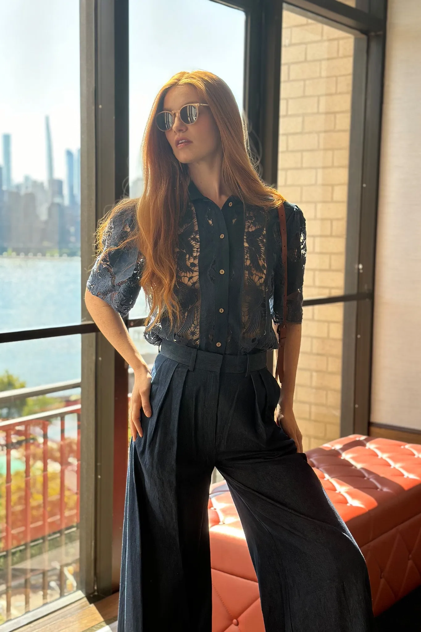 River High-waisted Trousers in Marine Blue