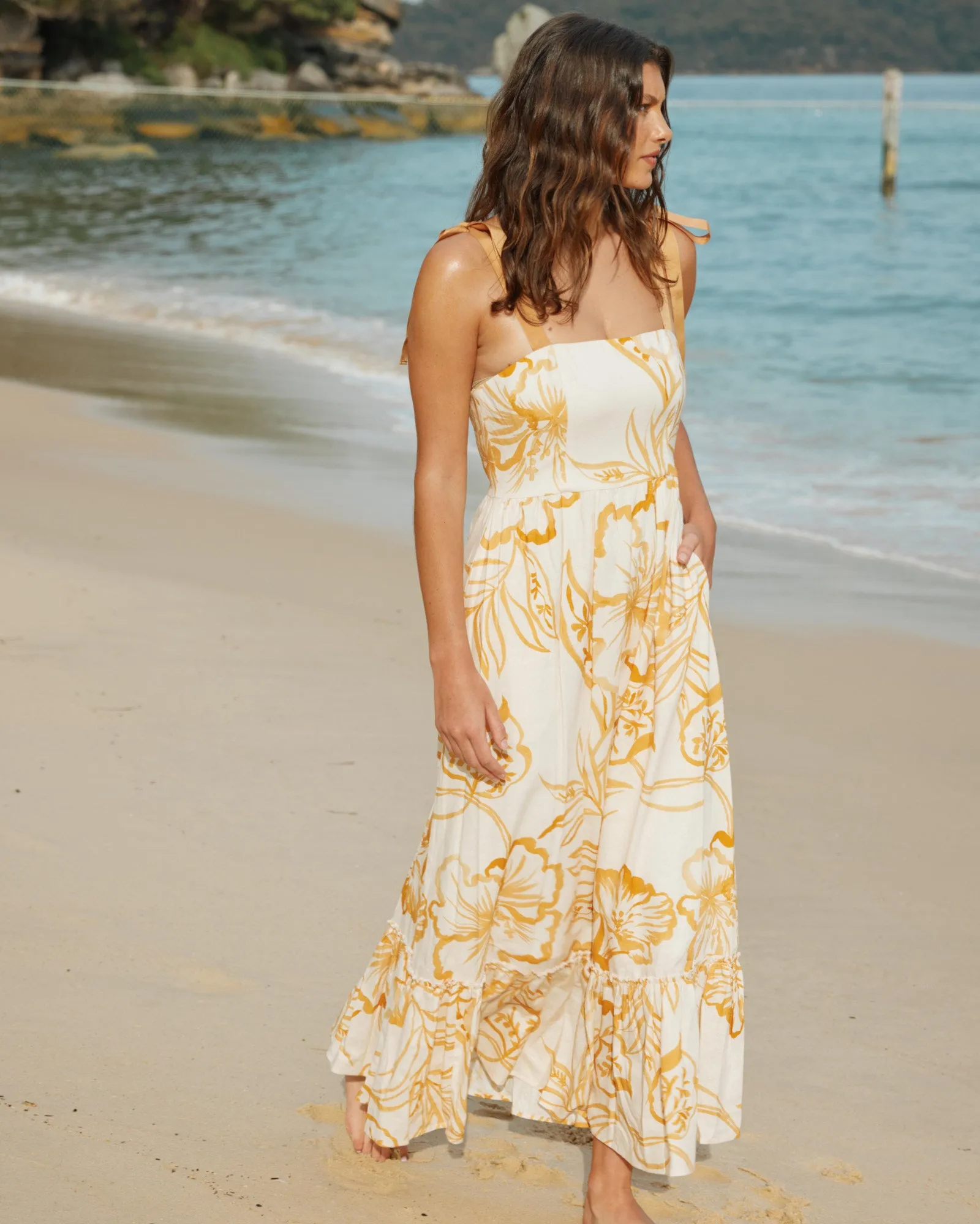 Rosemallow Shoulder Tie Maxi Dress