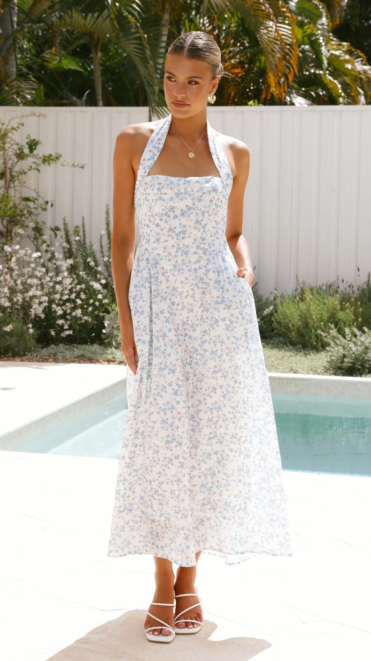 Salas Halter Maxi Dress - White / Blue Floral