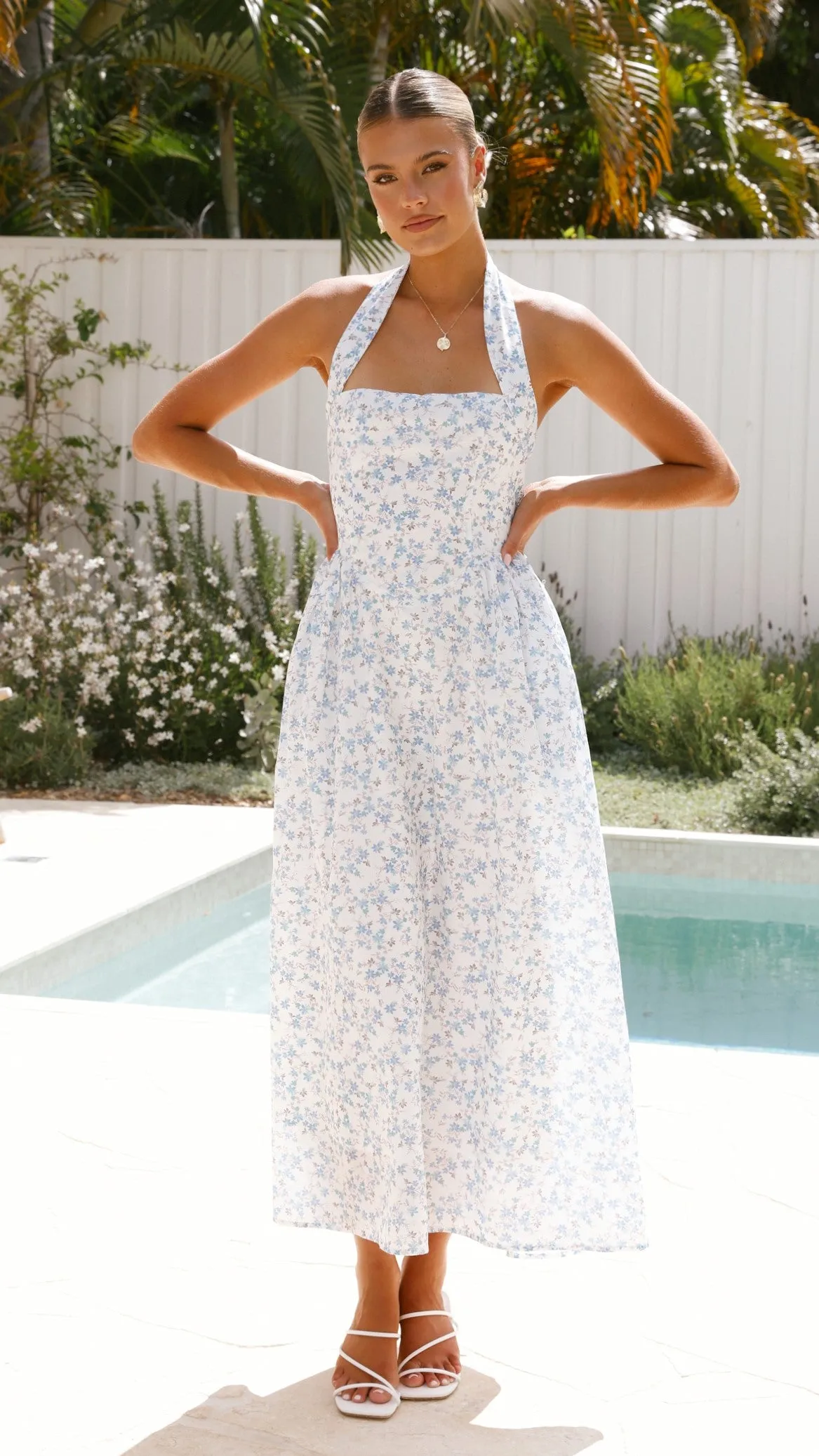 Salas Halter Maxi Dress - White / Blue Floral