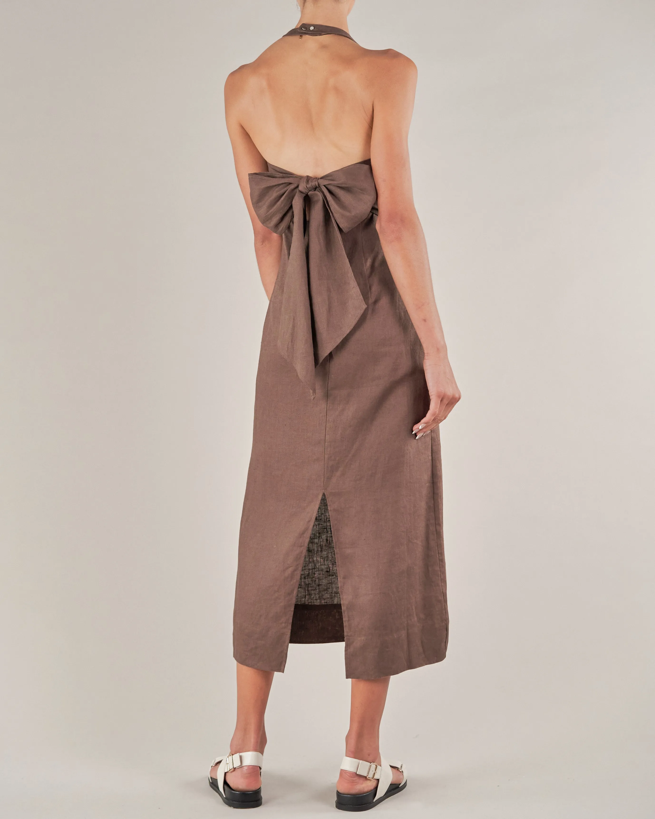 Santa Cruz Linen Halterneck Dress - Chocolate