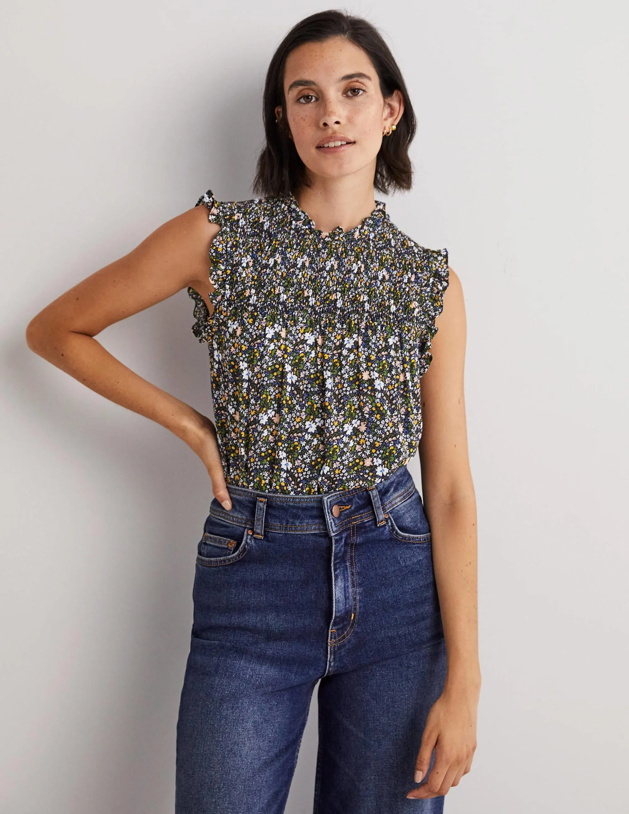 Sleeveless Smocked Top-Black. Abstract Ditsy