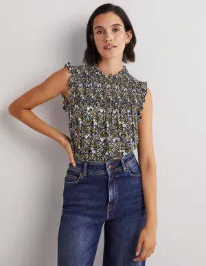 Sleeveless Smocked Top-Black. Abstract Ditsy