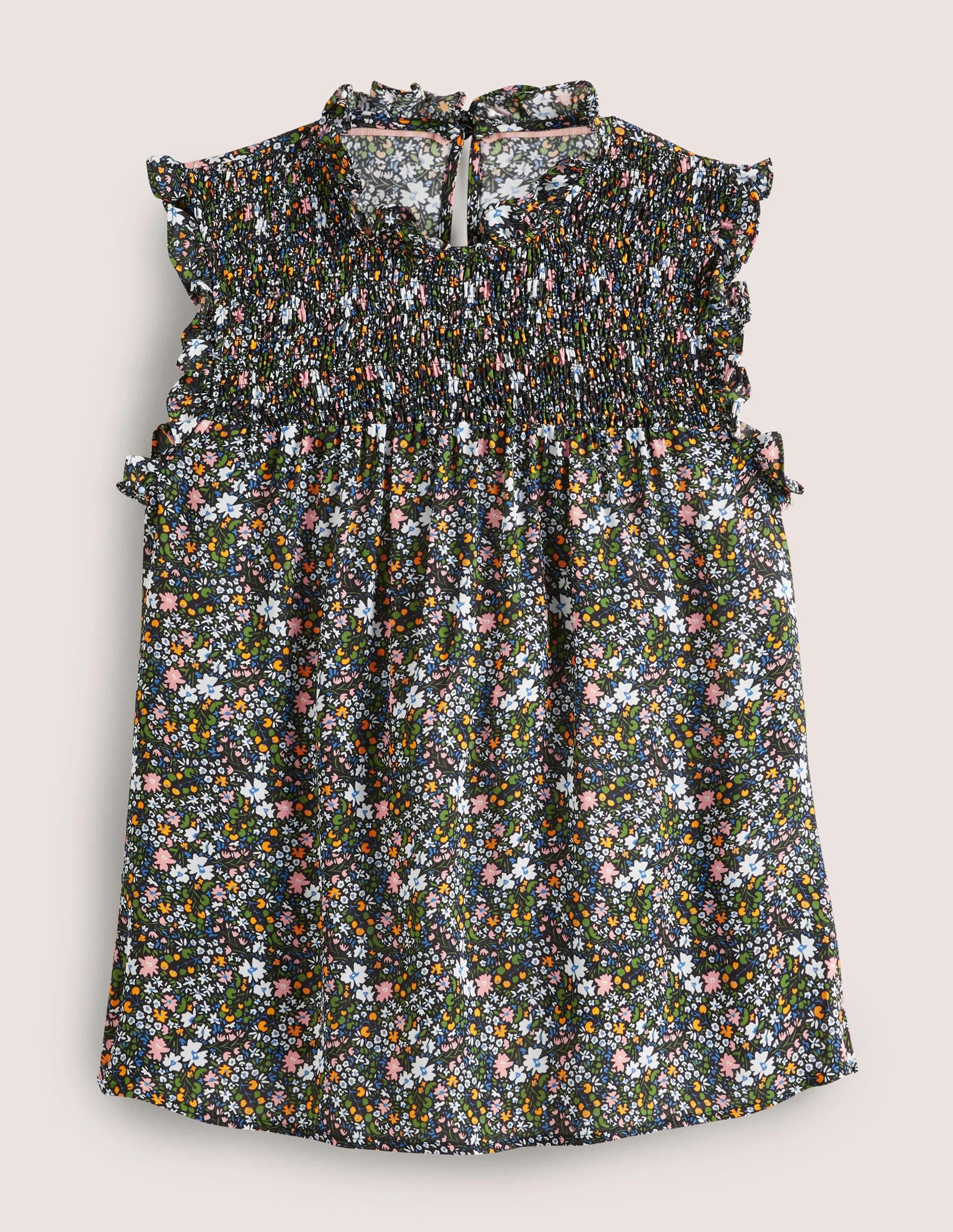 Sleeveless Smocked Top-Black. Abstract Ditsy