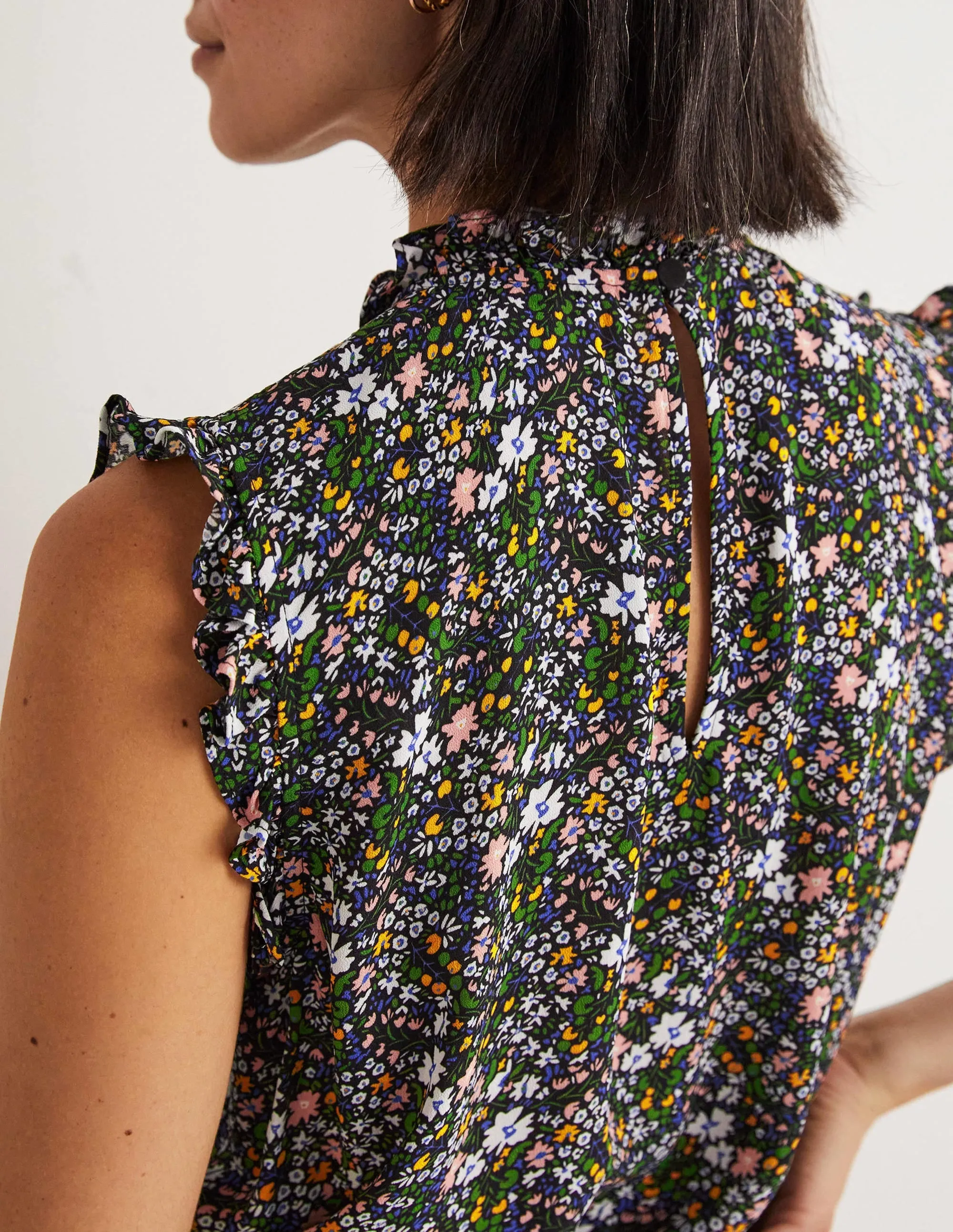 Sleeveless Smocked Top-Black. Abstract Ditsy