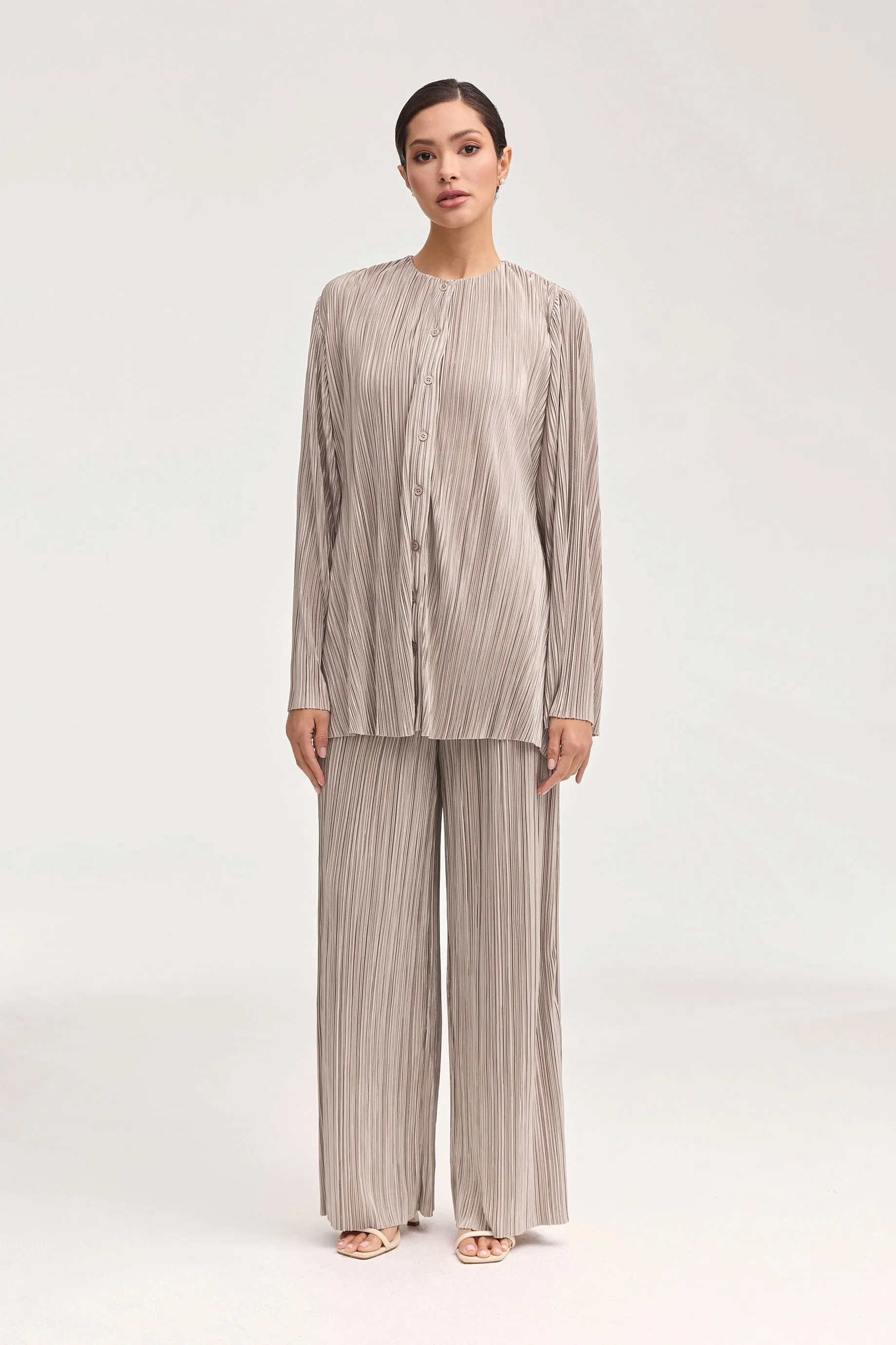 Tania Satin Plisse Button Down Top - Taupe
