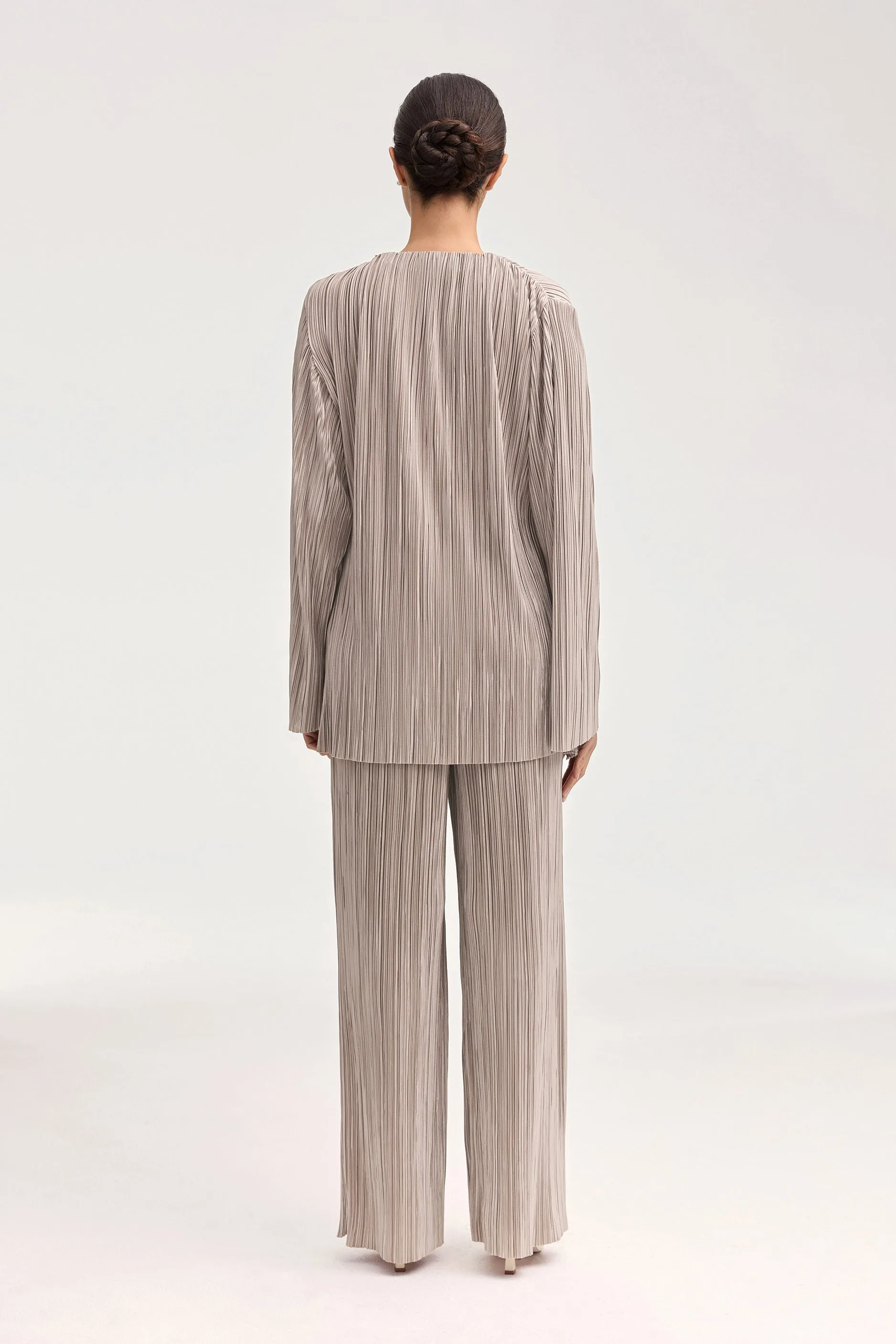 Tania Satin Plisse Button Down Top - Taupe
