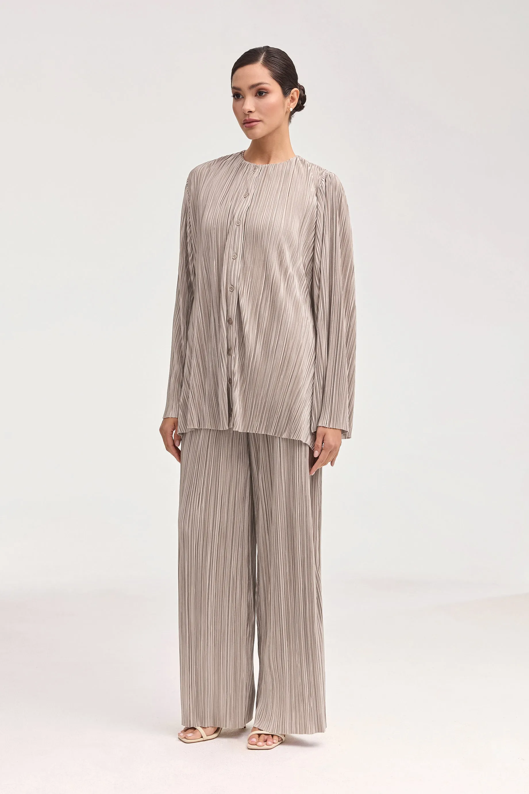 Tania Satin Plisse Button Down Top - Taupe