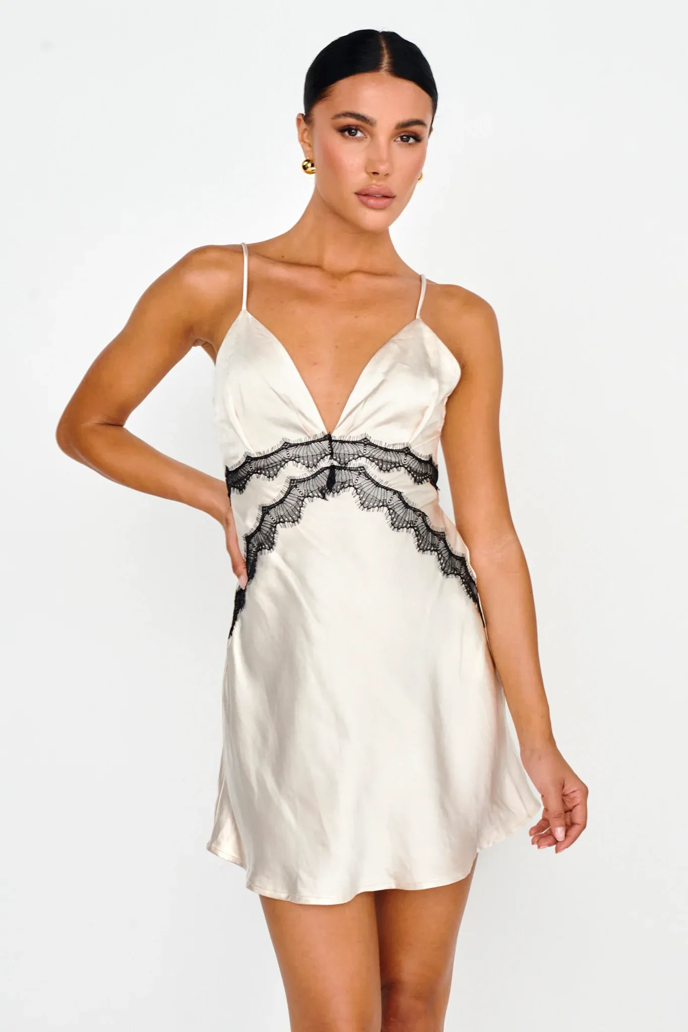 Theriz Lace Trim Cami Mini Dress Champagne