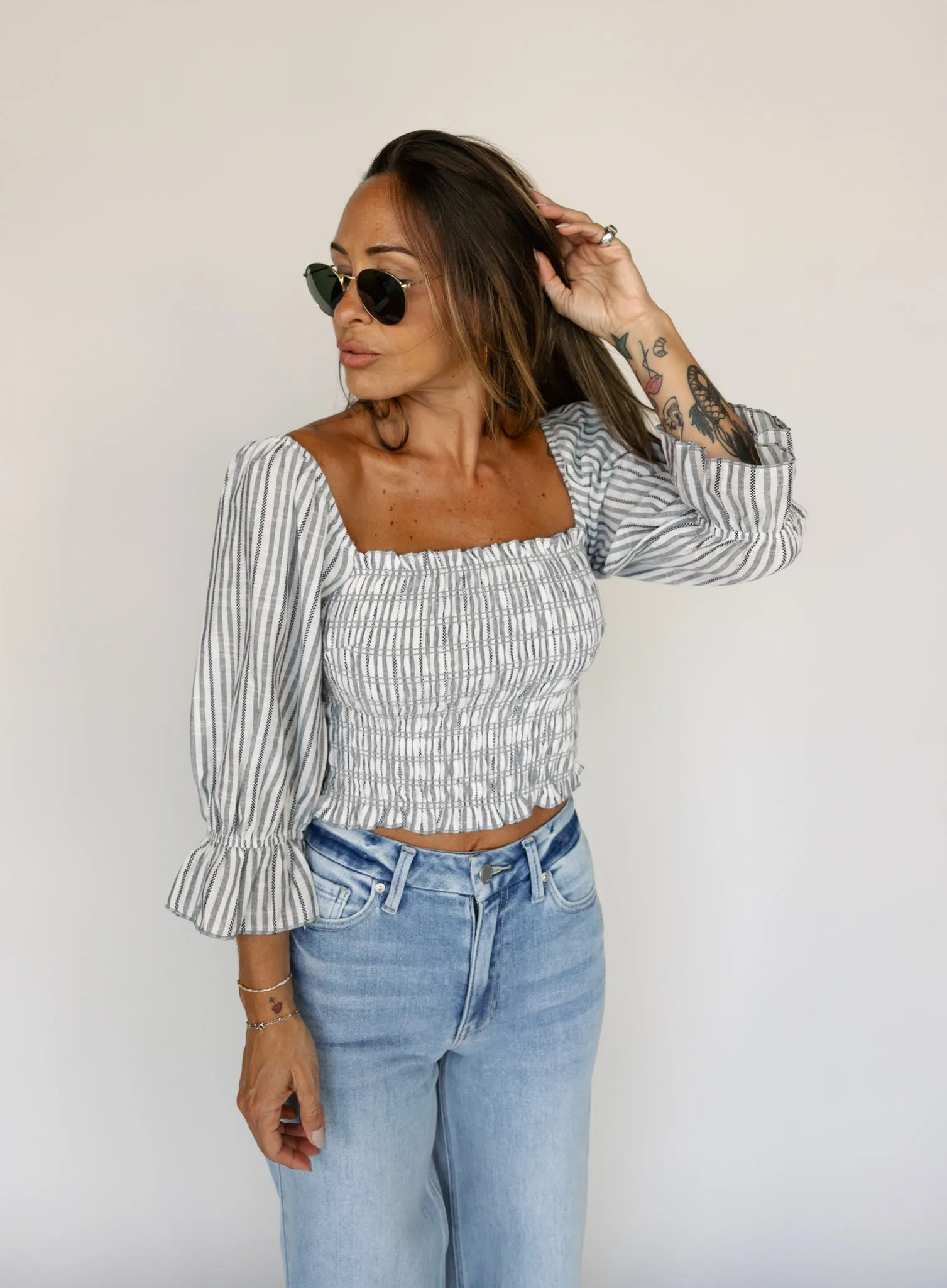 Van Striped Smocked Top