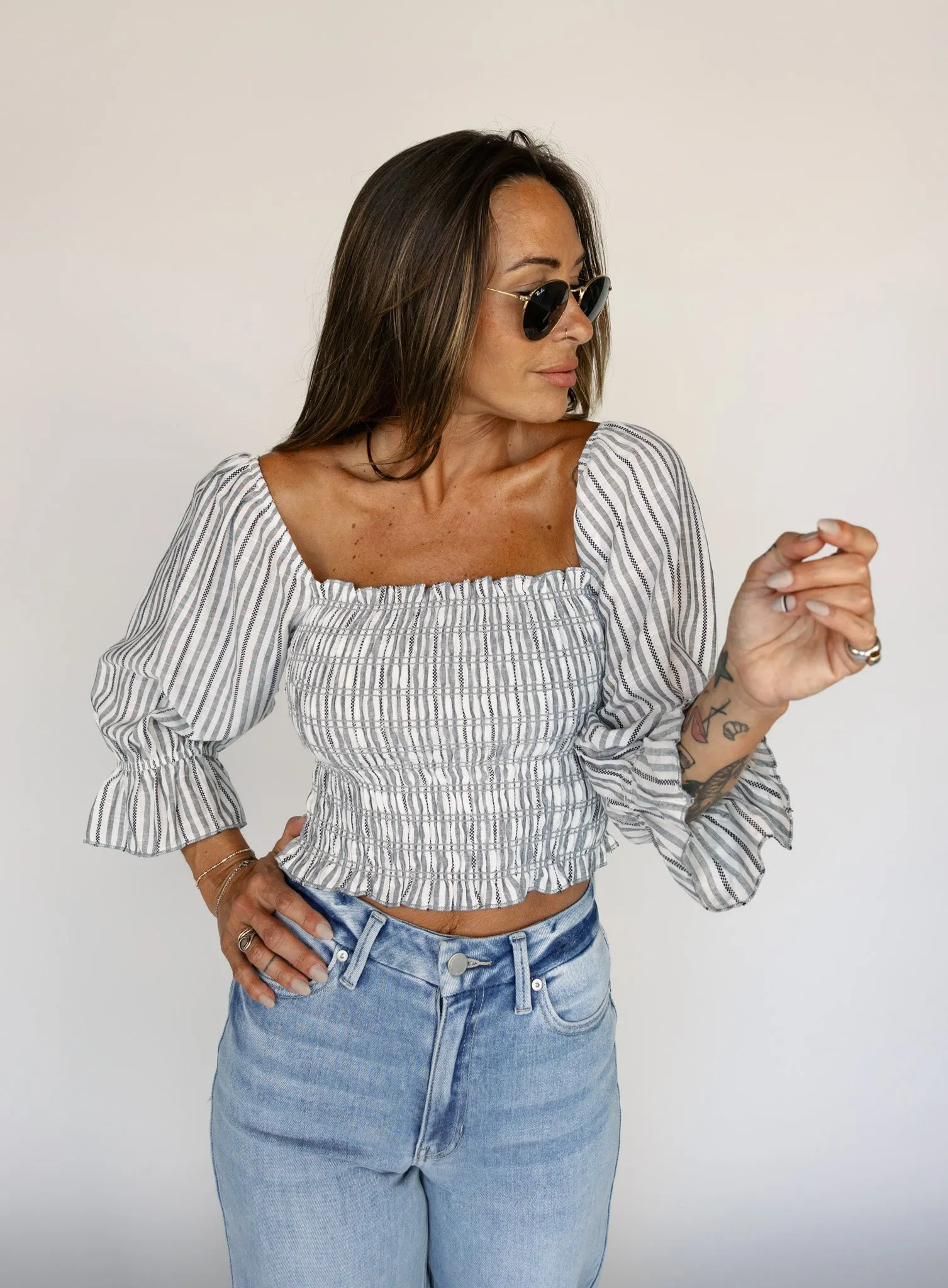 Van Striped Smocked Top