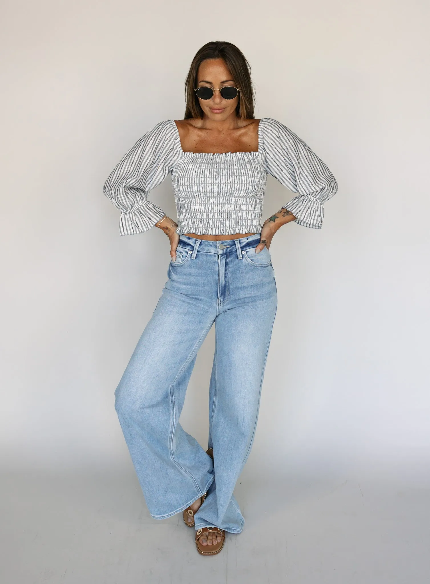 Van Striped Smocked Top