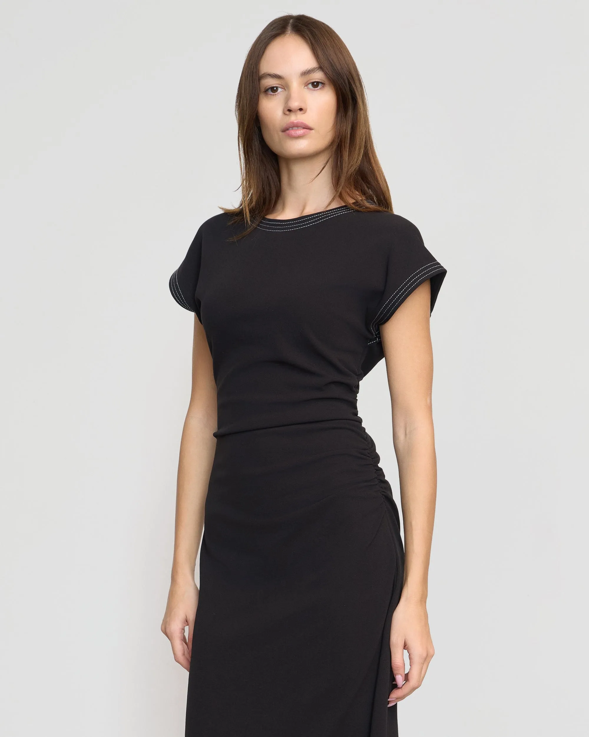 Vela Contrast-Stitch Ruched-Waist Dress