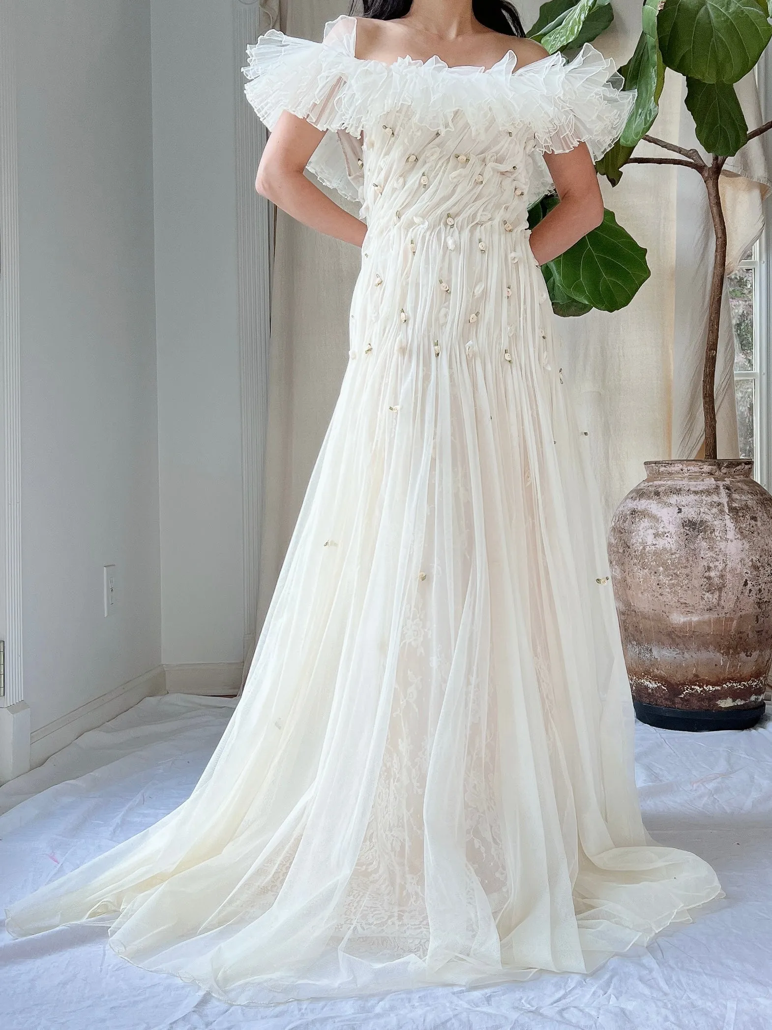 Vintage Italian Ruffles Silk Tulle Draped Dress - M/L