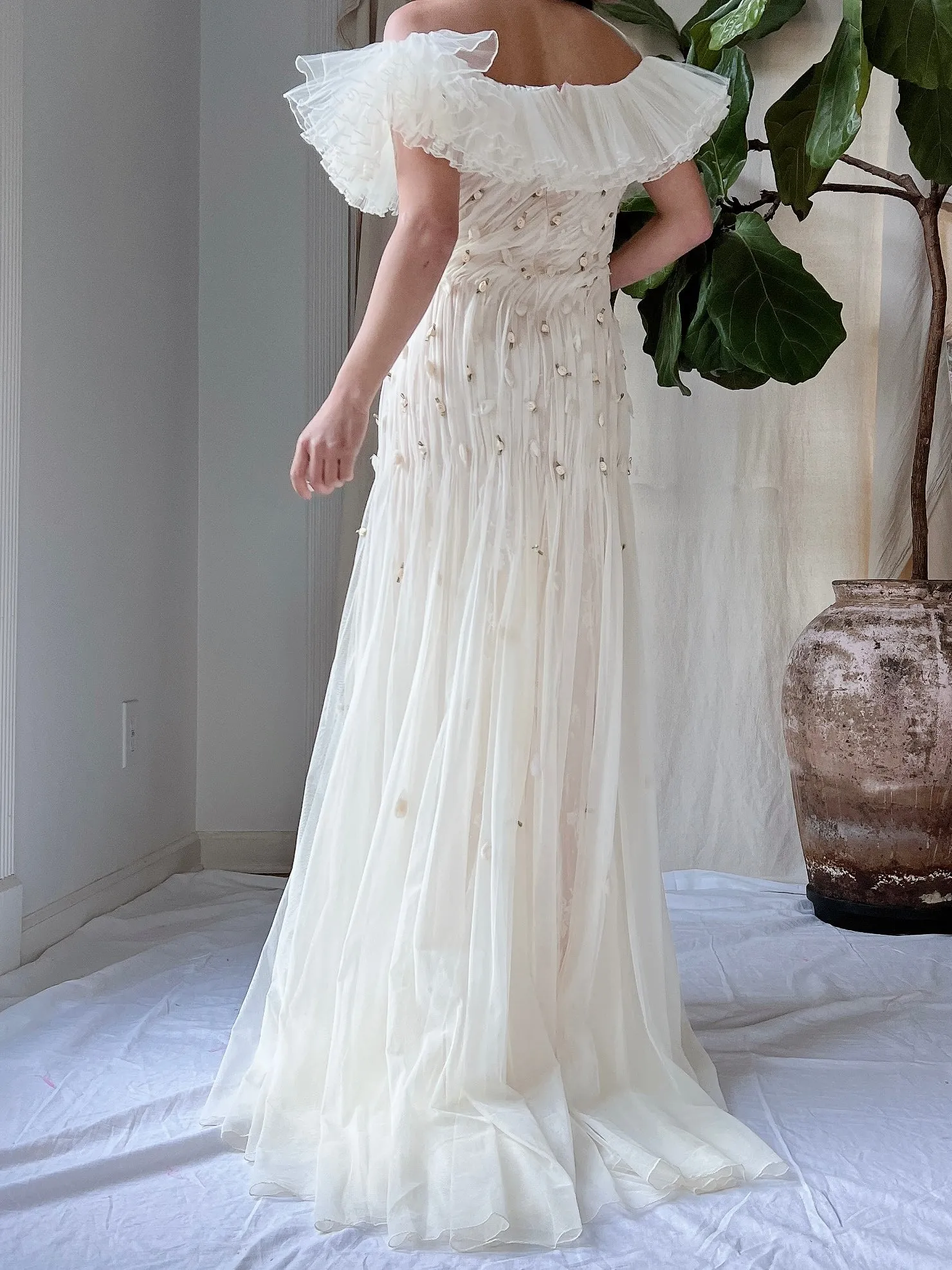 Vintage Italian Ruffles Silk Tulle Draped Dress - M/L