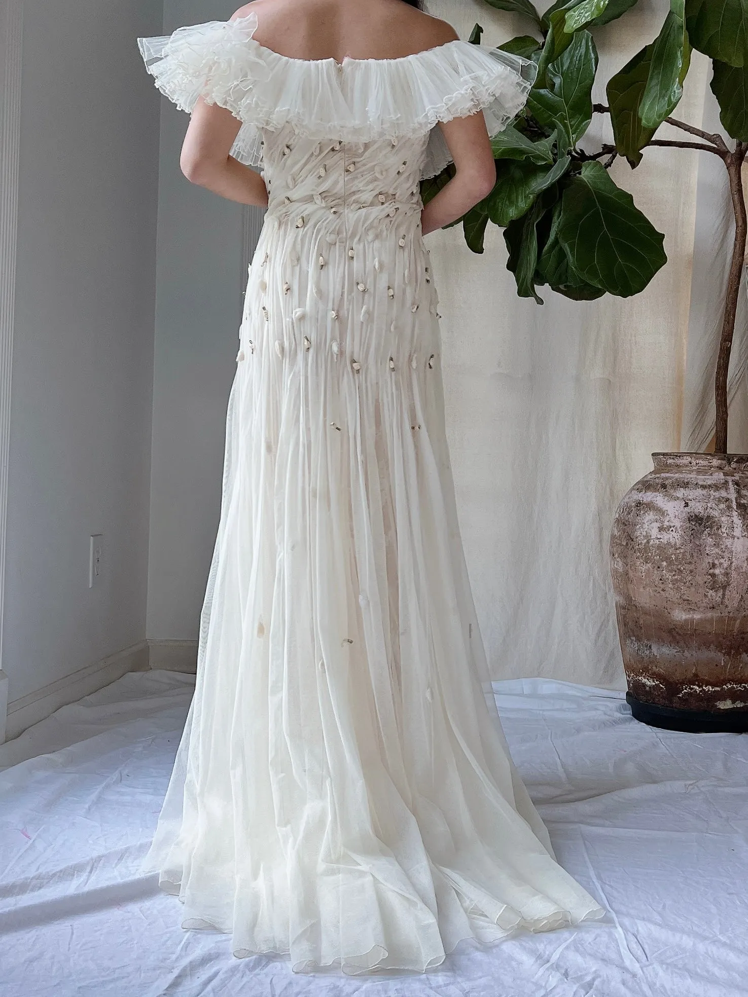 Vintage Italian Ruffles Silk Tulle Draped Dress - M/L